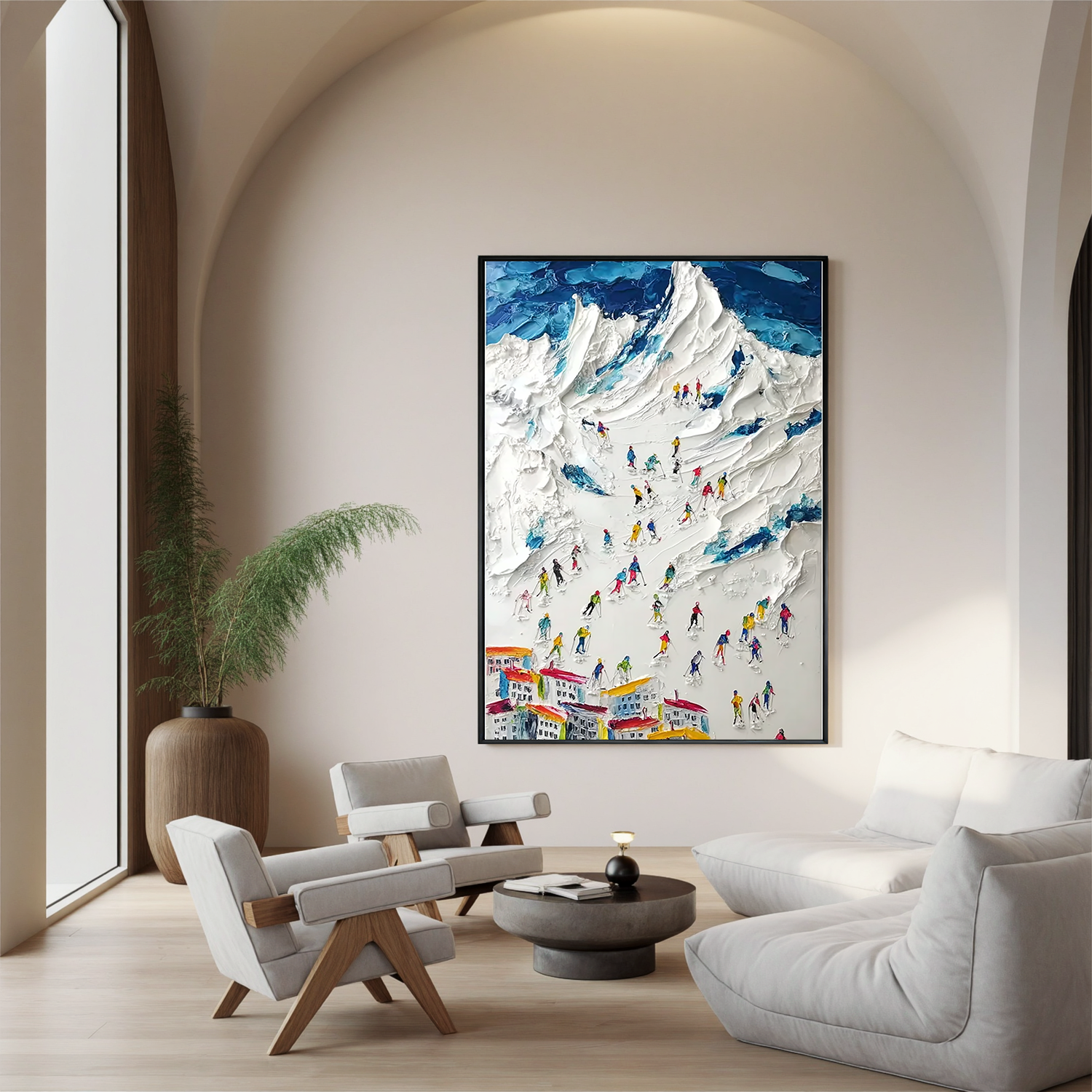 Large Textured Ski Mountain Oil Painting, Snowy Alpine Wall Art for Living Room Decor #OA 0546