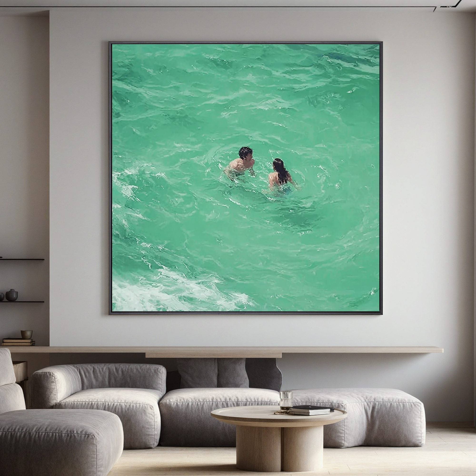 Romantic Couple Swimming in Turquoise Ocean Oil Painting | Coastal Wall Art for Modern Living Room #OA 0426