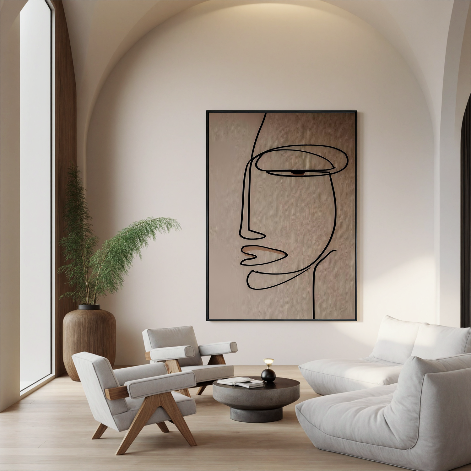 Minimalist Line Art Face Canvas Wall Art – Abstract Portrait in Neutral Beige for Modern Home Decor#OA 0871