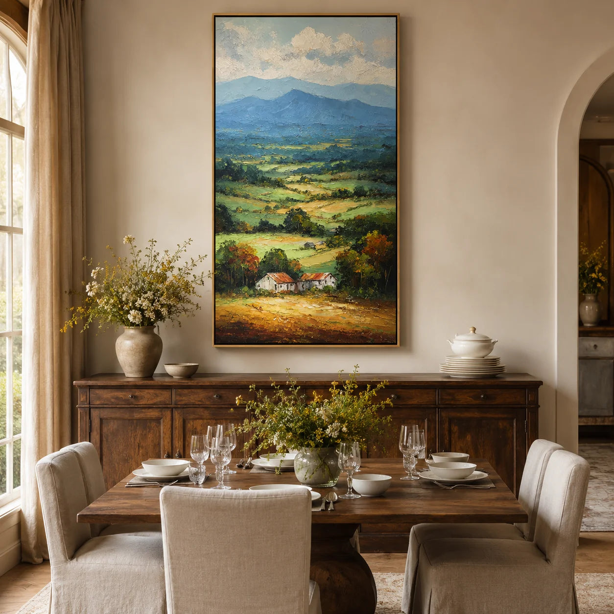 Vertical Countryside Landscape Oil Painting – Rustic Mountain Valley Canvas Wall Art#OA 0891