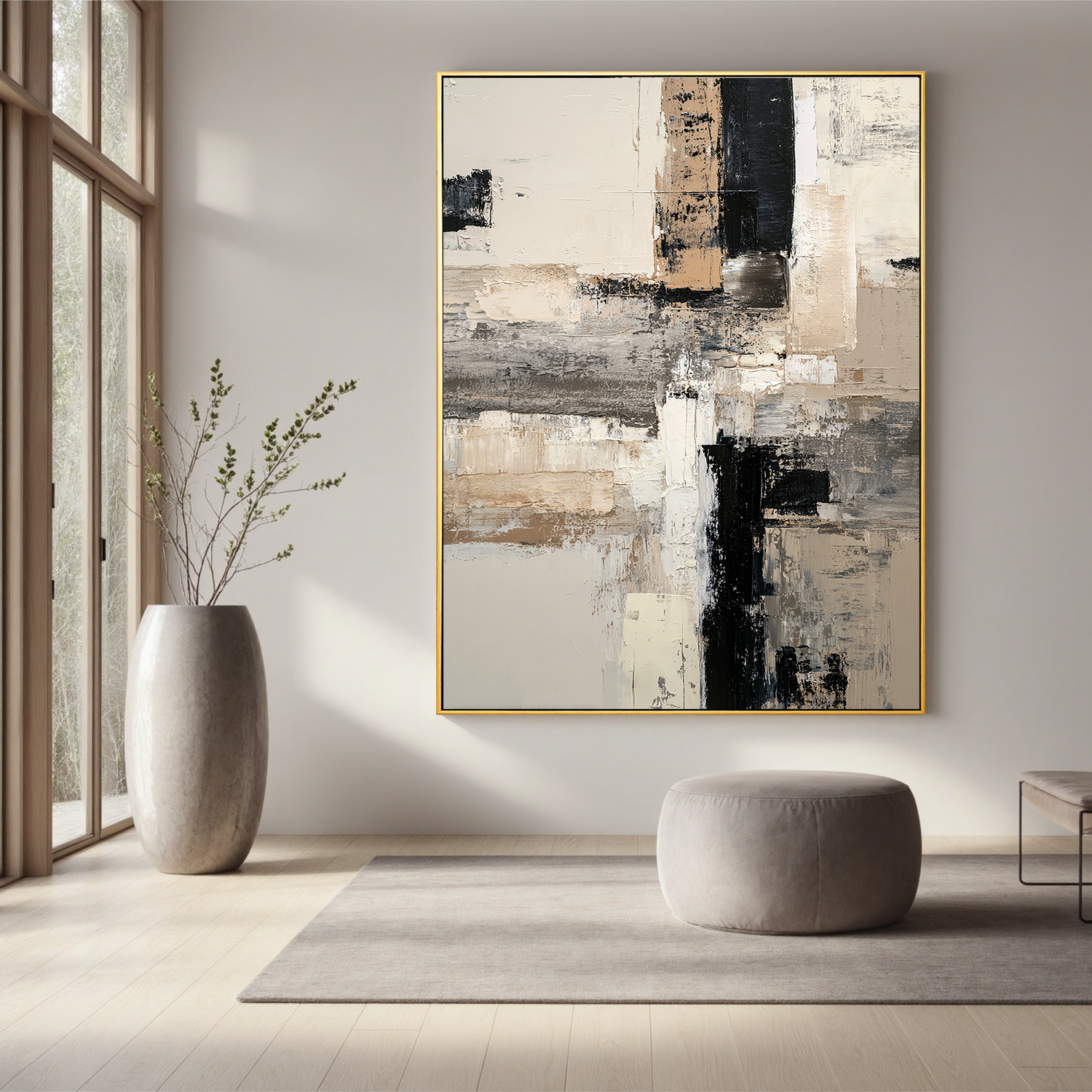 Neutral Abstract Canvas Wall Art – Black White Beige Modern Minimalist Painting for Living Room Decor#OA 0879