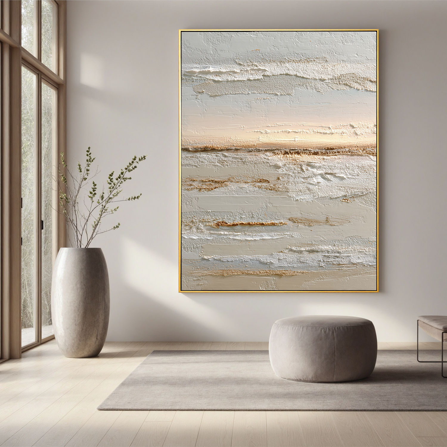 Neutral Abstract Landscape Canvas Wall Art – Textured Cream and Beige Minimalist Painting for Living Room Decor#OA 0858