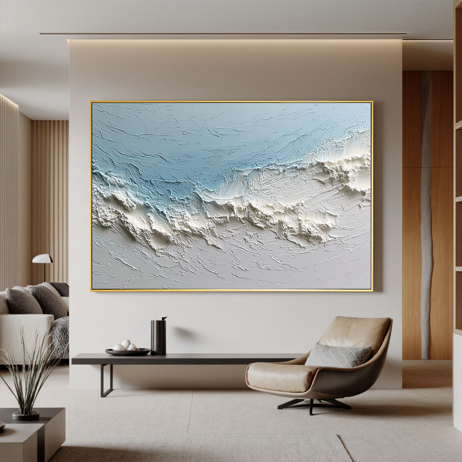 Textured Coastal Wave Wall Art – Minimalist Blue Ocean Canvas Painting for Modern Beach House Decor #OA 0438