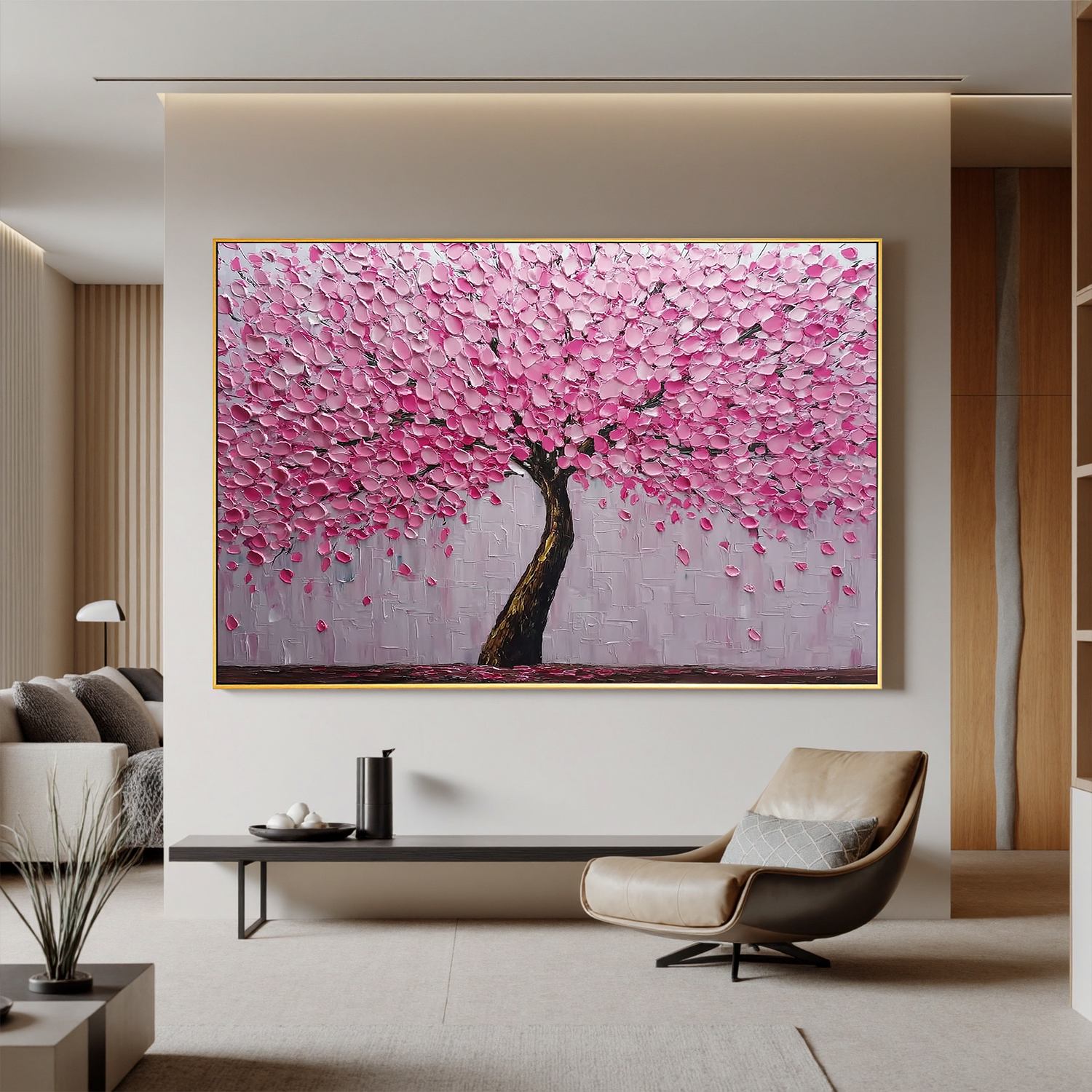 Pink Cherry Blossom Tree Oil Painting | Textured Floral Wall Art for Modern Living Room & Bedroom #OA 0425