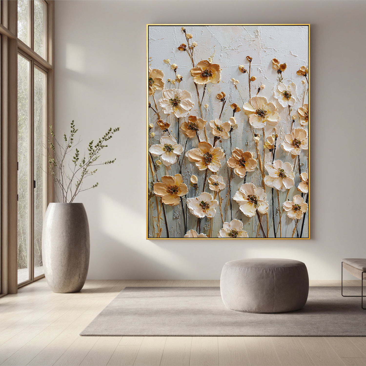 Vertical Floral Canvas Wall Art – Elegant Neutral Flower Painting for Bedroom & Modern Home Decor#OA 0846