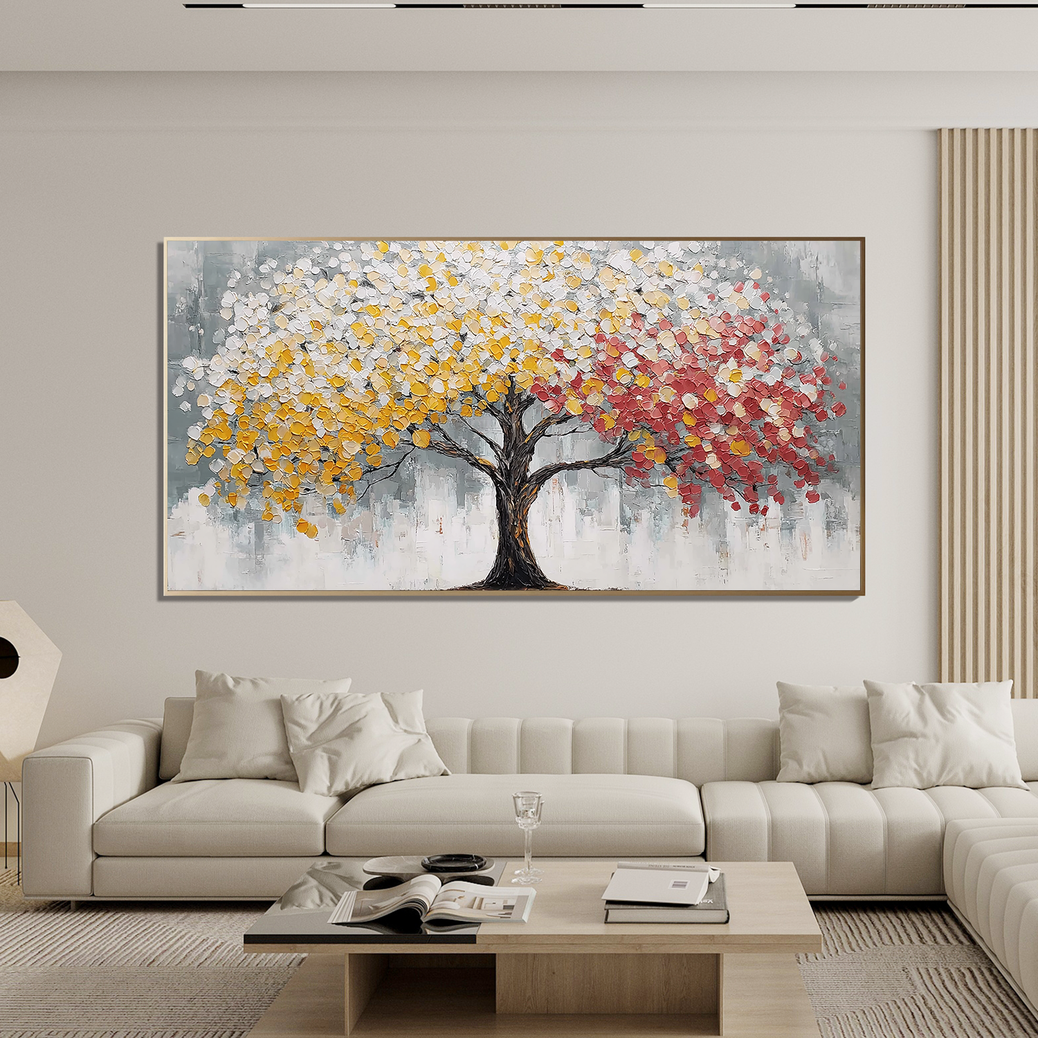 Dual Color Tree of Life Canvas Wall Art – Abstract Yellow and Red Textured Painting for Living Room#OA 0855