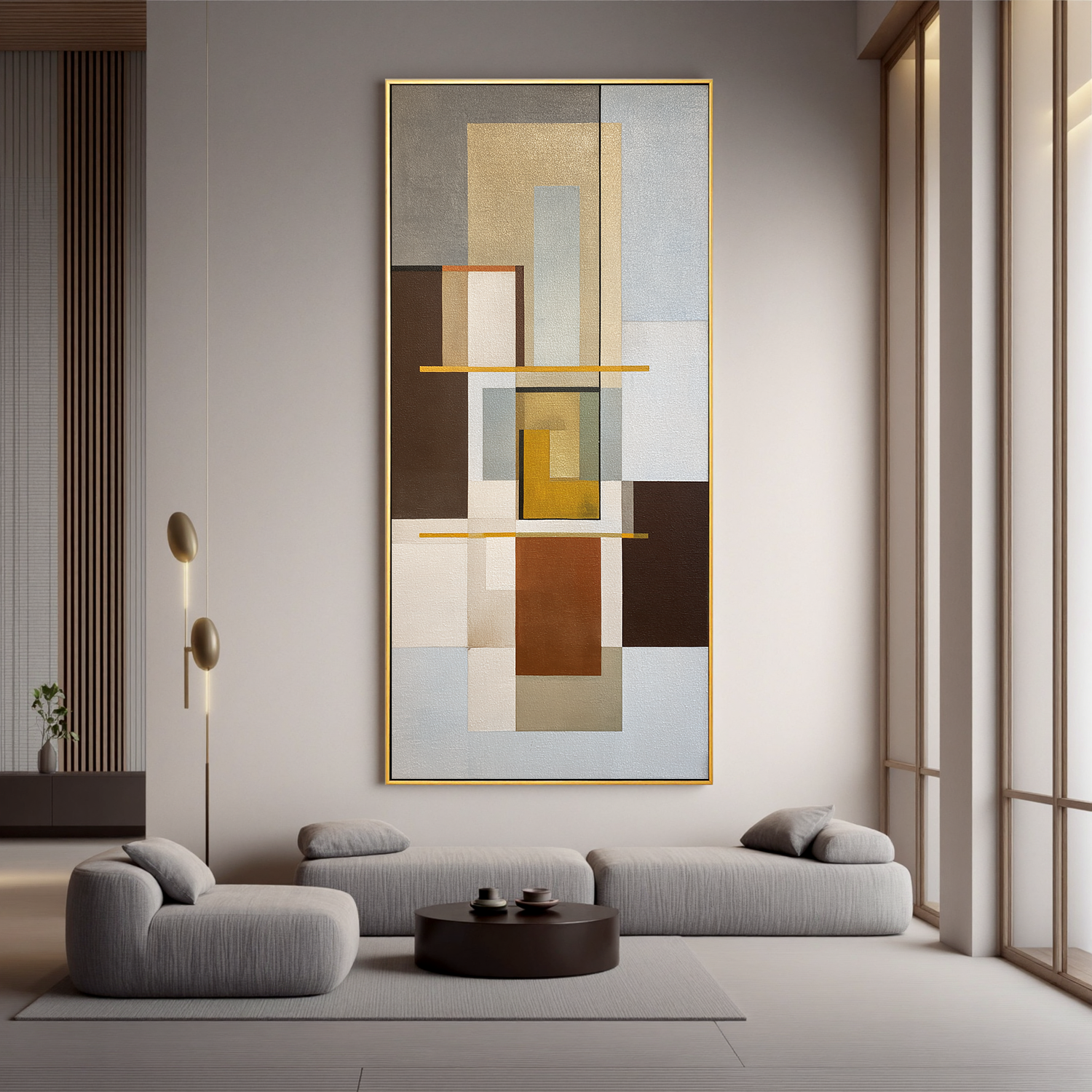 Mid Century Modern Geometric Abstract Canvas Wall Art – Neutral Beige and Brown Vertical Painting for Living Room Decor#OA 0862