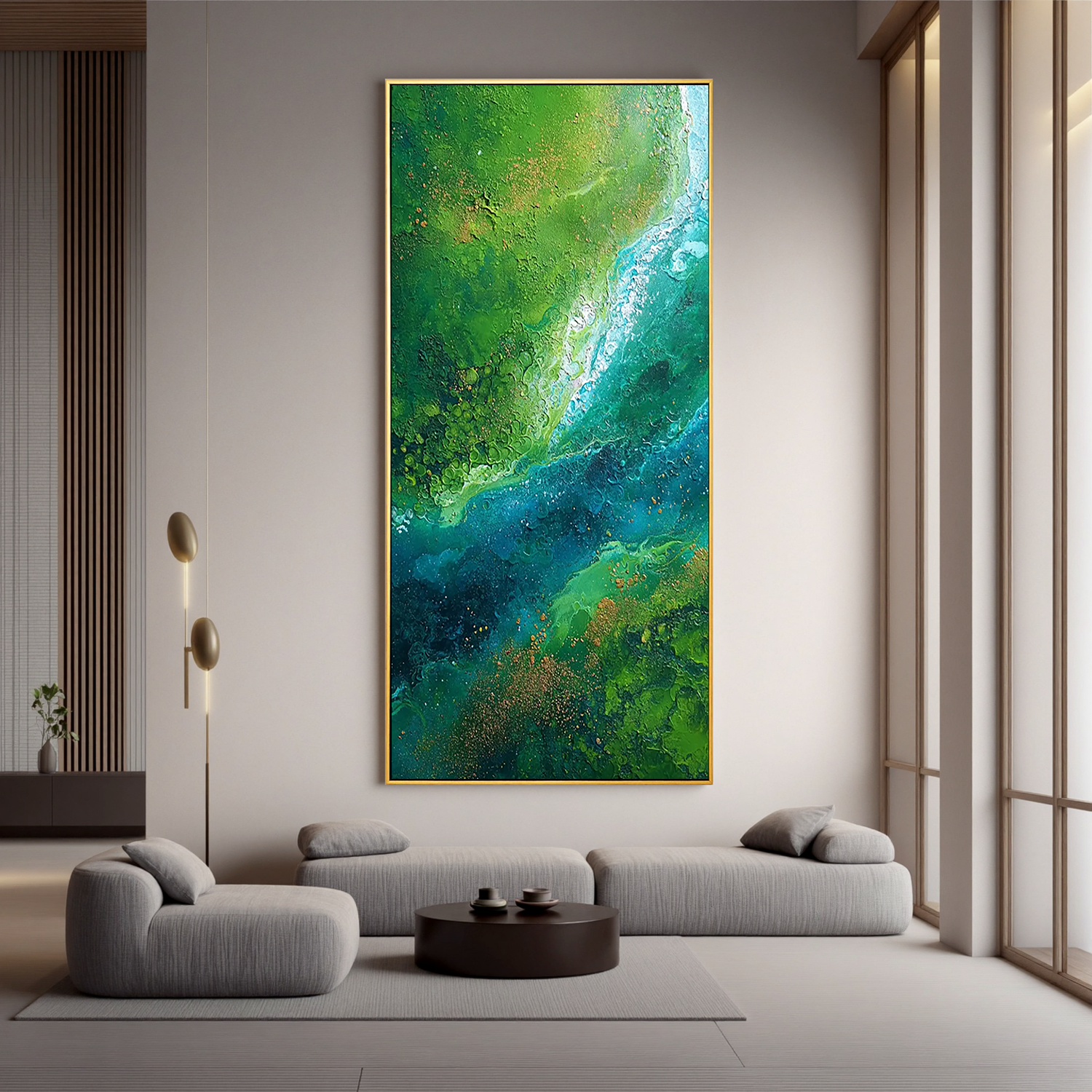 Green and Blue Abstract Oil Painting, Textured Nature Wall Art for Living Room Decor #OA 0599