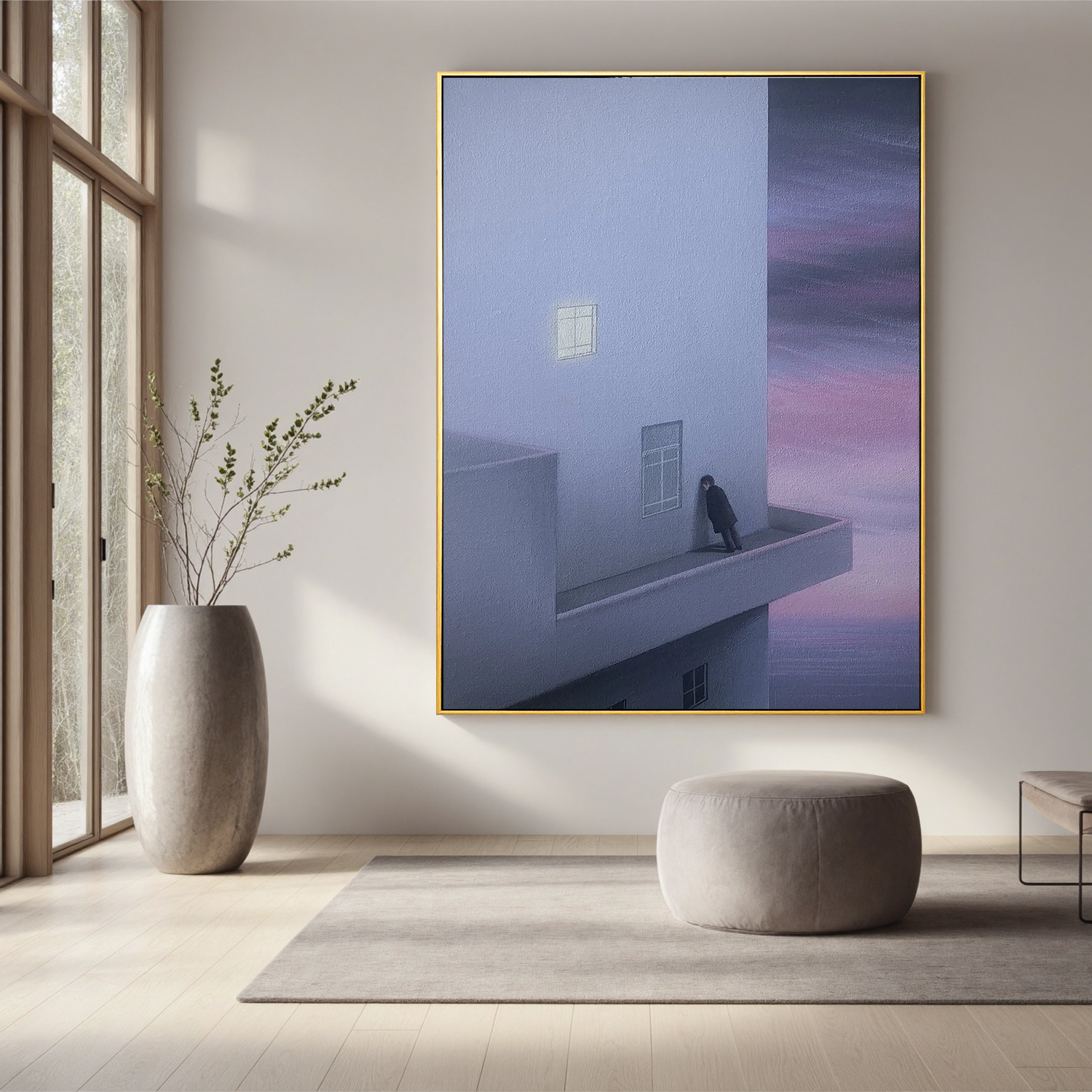 Surreal Minimalist Architecture Wall Art, Solitary Figure on Balcony with Pink Sky Canvas for Modern Living Room Decor #OA 0742