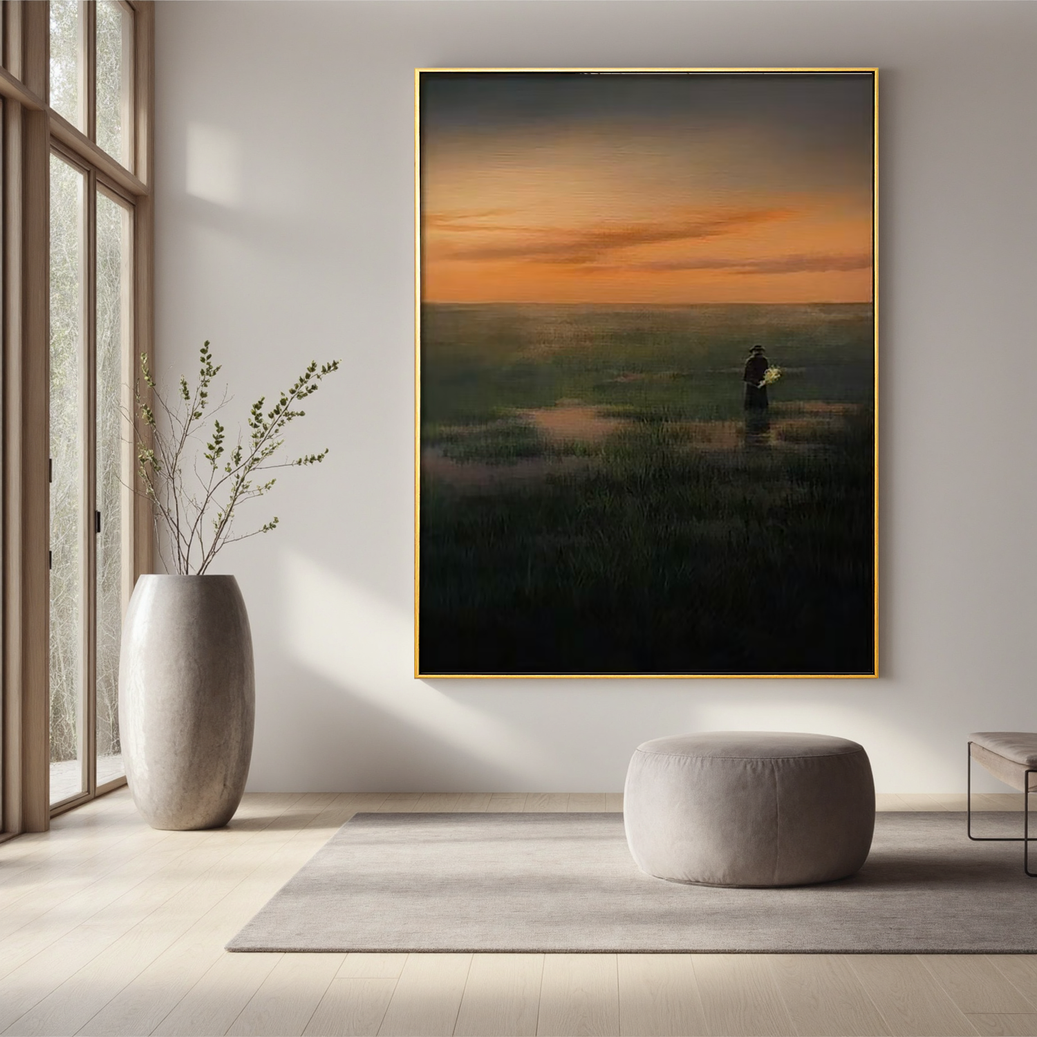 Solitary Figure at Sunset Wall Art, Serene Wetland Landscape Canvas Painting for Living Room Decor #OA 0729