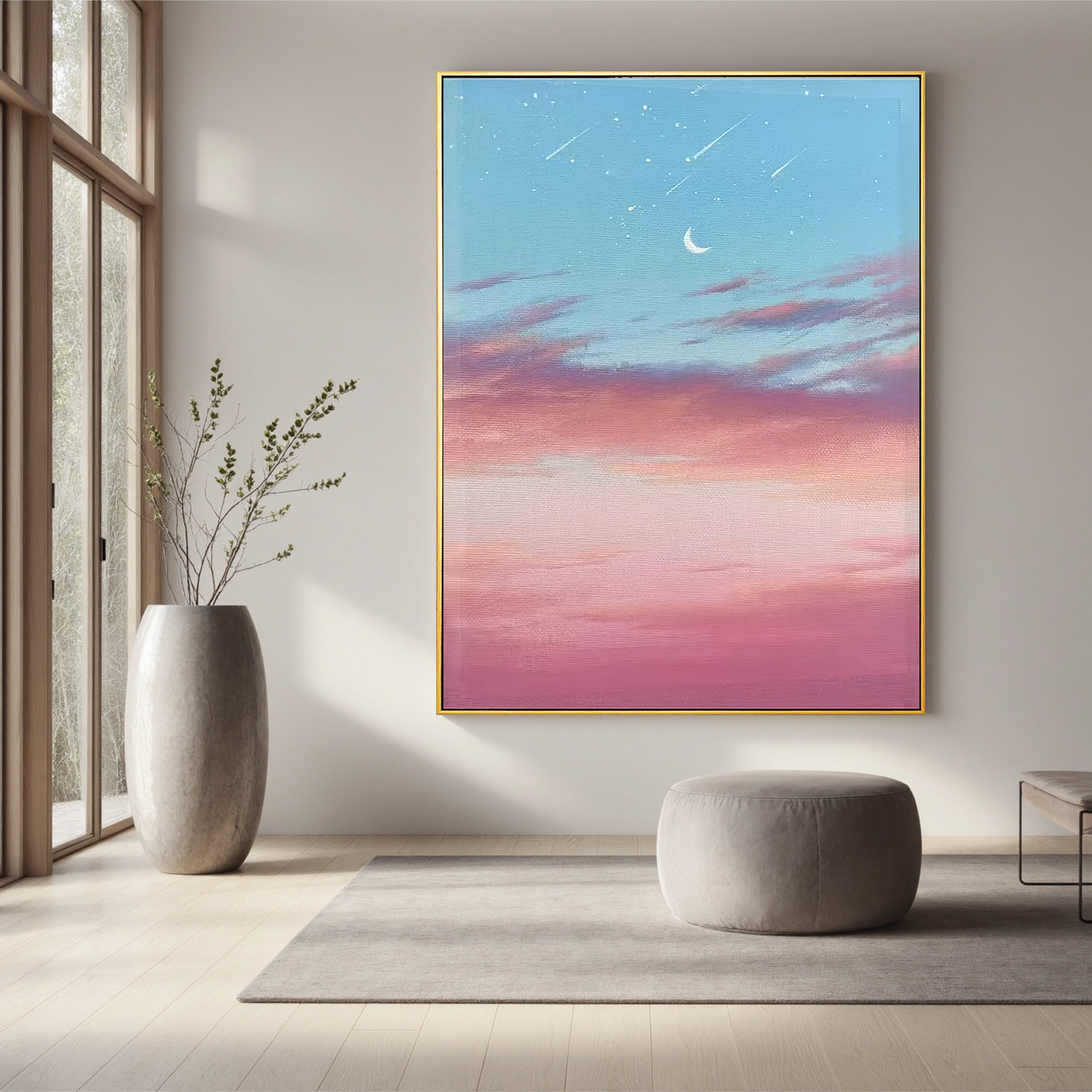 Dreamy Crescent Moon and Shooting Stars Wall Art, Pink Blue Sky Canvas Painting, Romantic Celestial Decor for Bedroom #OA 0786