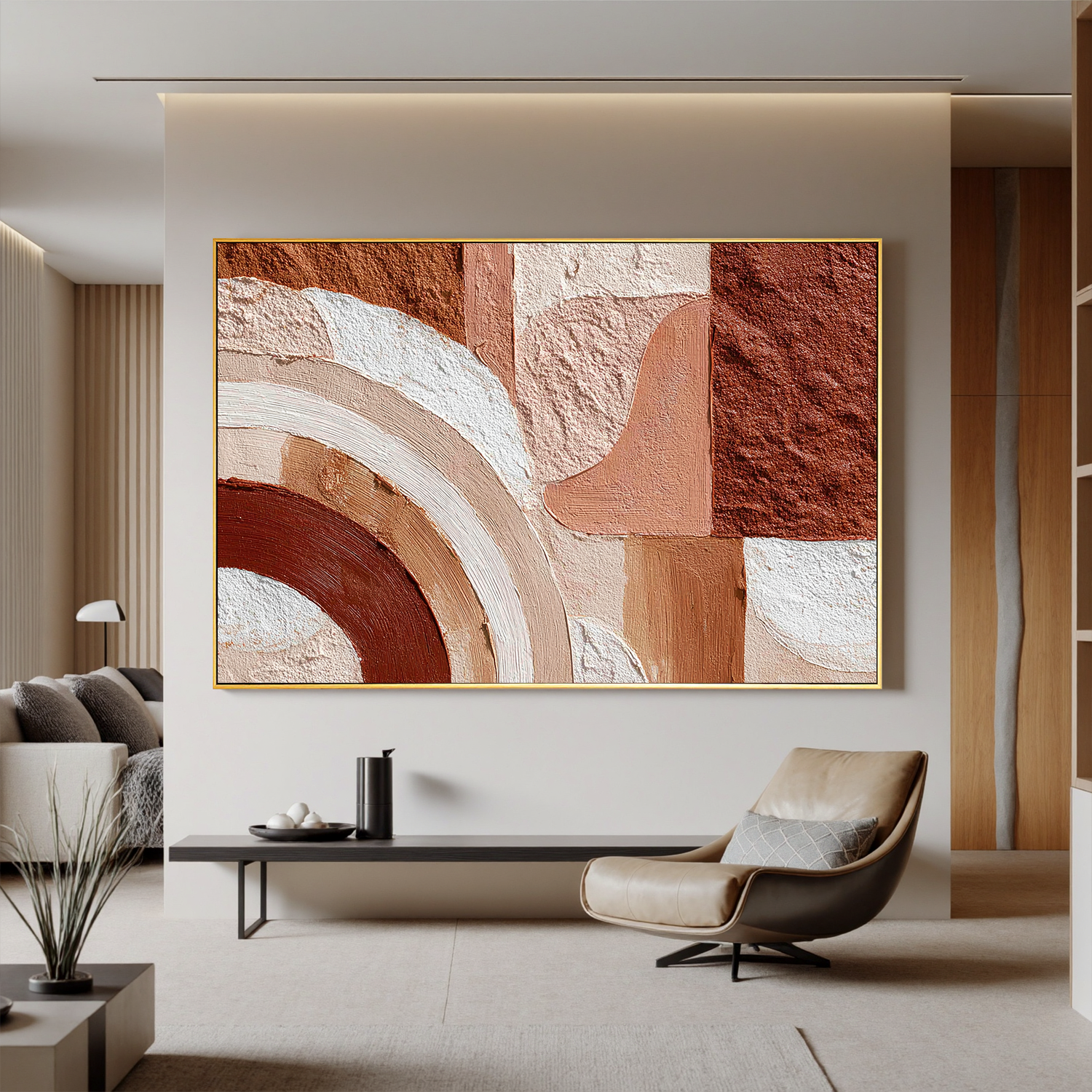 Large Abstract Arch Canvas Wall Art – Earth Tone Textured Minimalist Painting for Modern Living Room#OA 0836