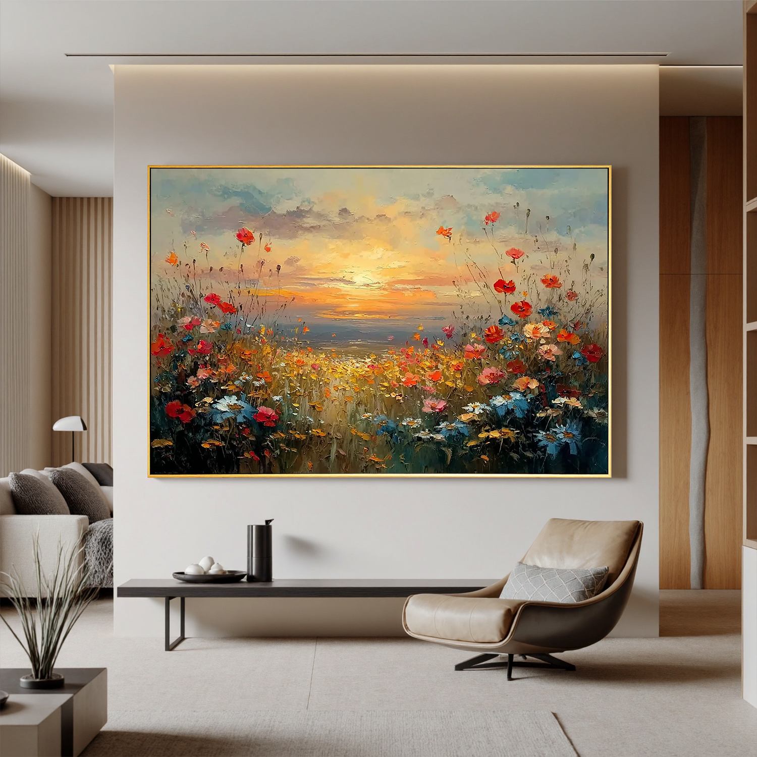 Sunset Wildflower Meadow Wall Art, Colorful Floral Landscape Canvas Painting for Living Room Décor #OA 0415