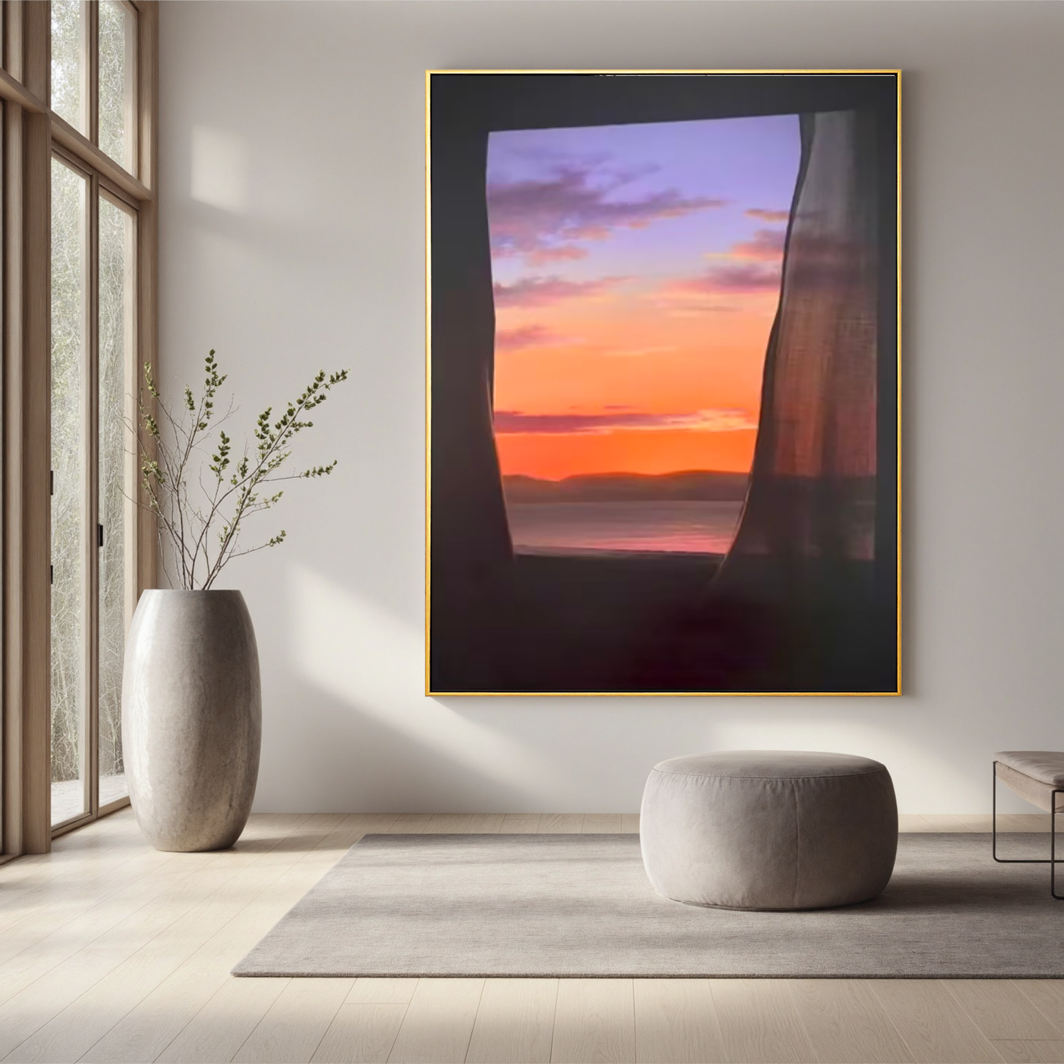 Sunset Ocean View Through Window Wall Art, Romantic Seascape Canvas Painting, Serene Coastal Landscape Decor for Living Room #OA 0784