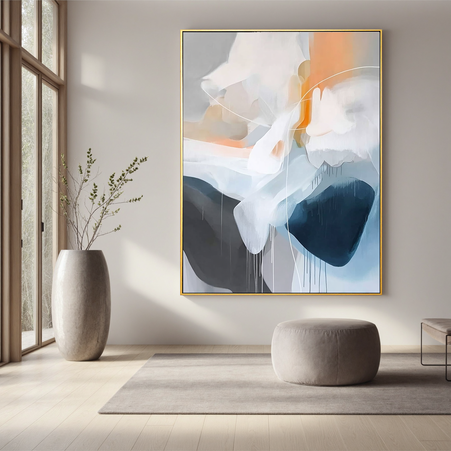 Soft Abstract Oil Painting, Blue Gray and Orange Modern Wall Art for Living Room Decor #OA 0552