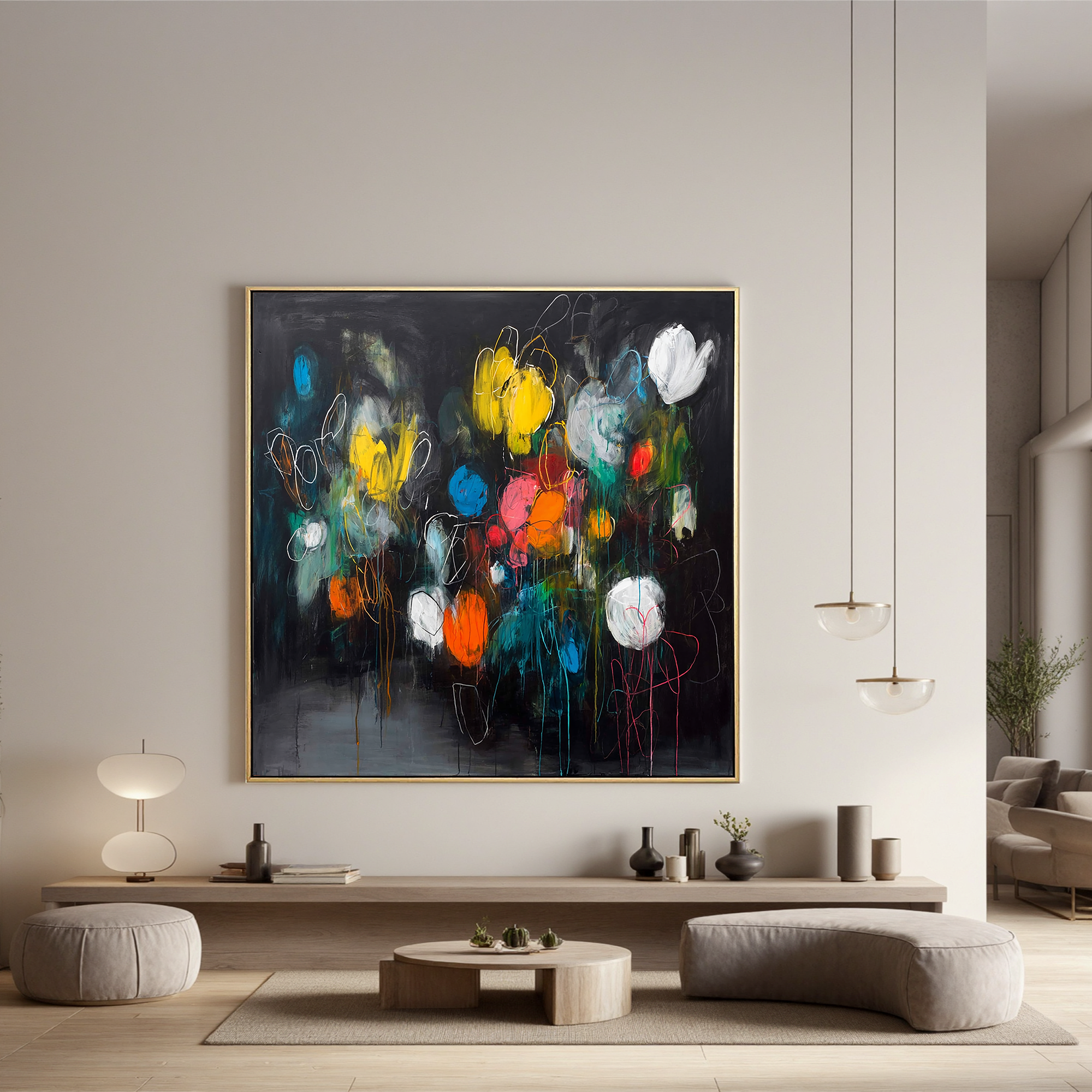 Abstract Dark Floral Oil Painting Canvas – Modern Colorful Wall Art for Living Room Contemporary Home Decor#OA 0466