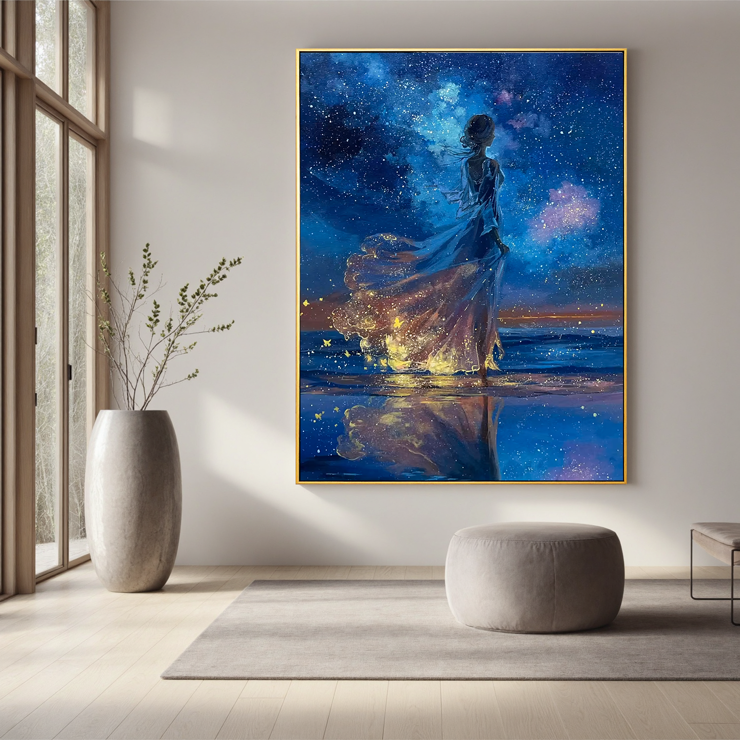 Girl Under Starry Sky Oil Painting, Dreamy Ocean Night Wall Art for Bedroom Decor#OA 0621