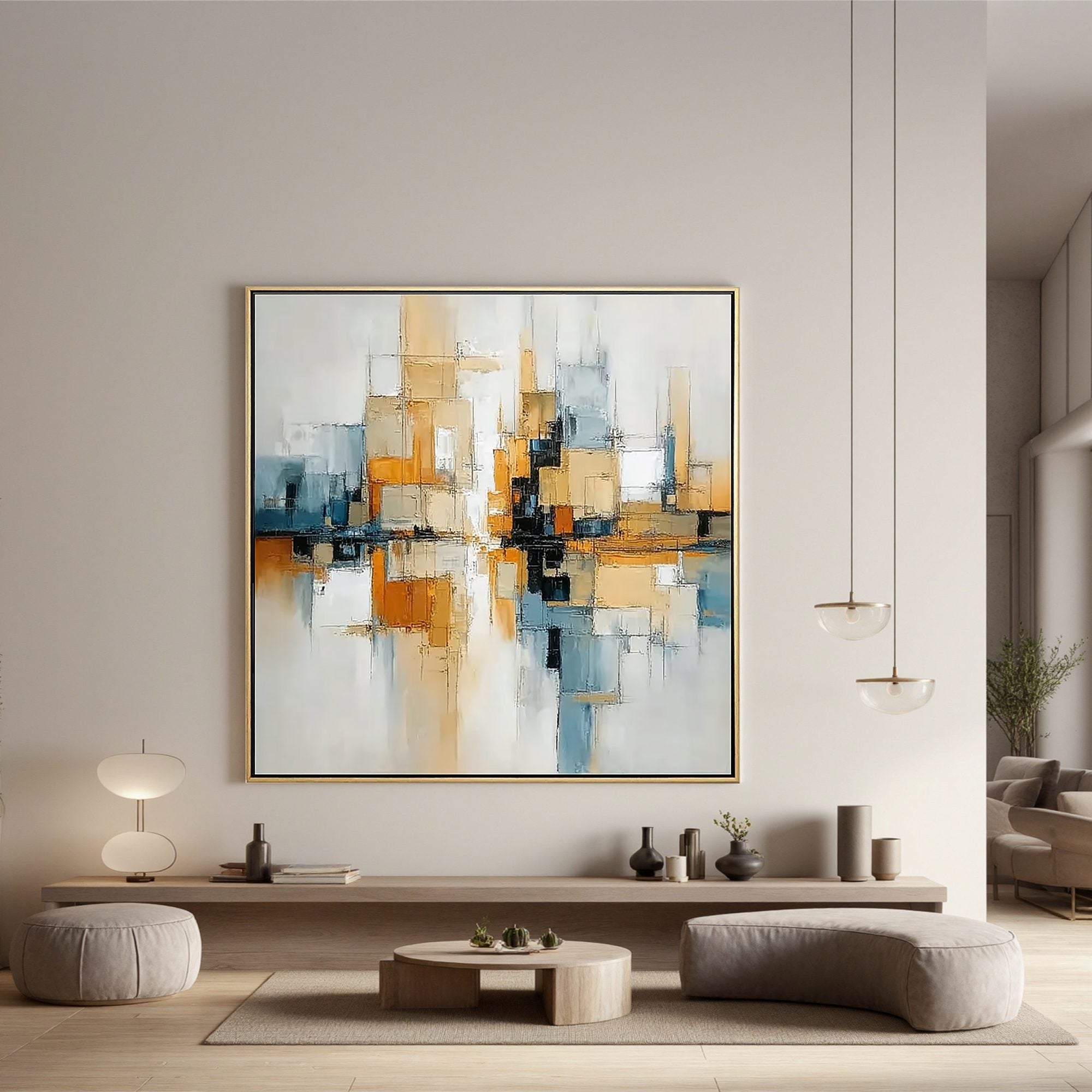 Modern Geometric Abstract Wall Art, Gold and Blue Cityscape Canvas Painting for Living Room Décor #OA 0405