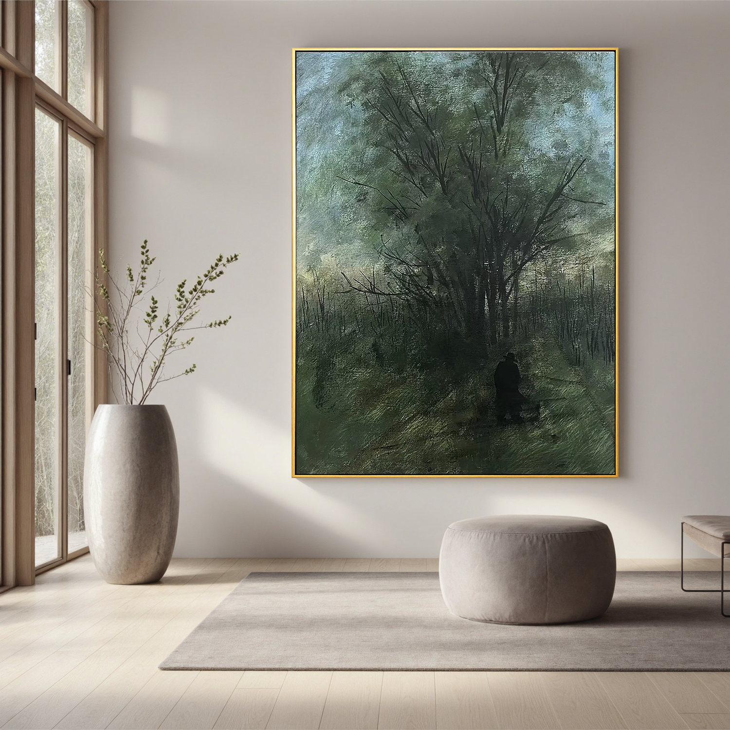 Moody Forest Wall Art with Lone Figure, Misty Woodland Landscape Canvas Painting for Living Room Decor #OA 0776