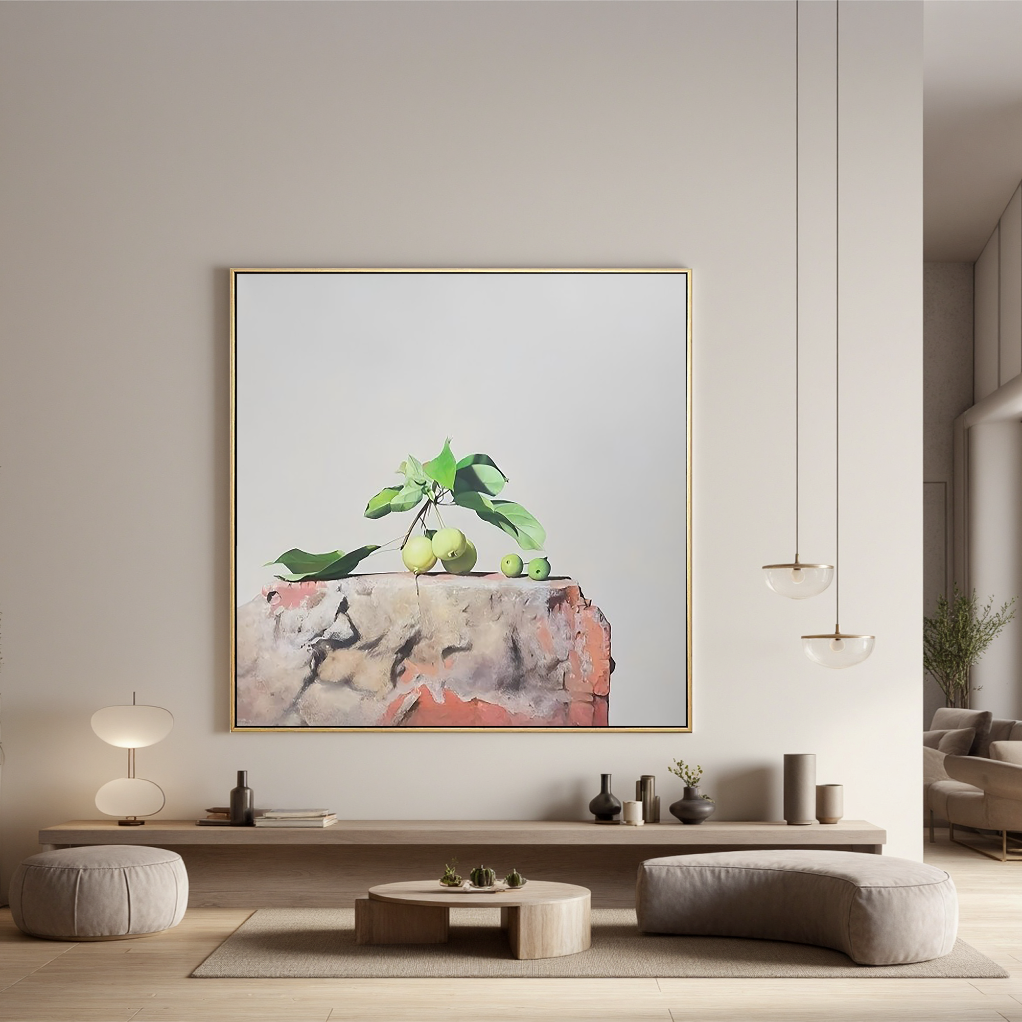 Green Apples on the Stone-Minimalist Green Apple Still Life Wall Art