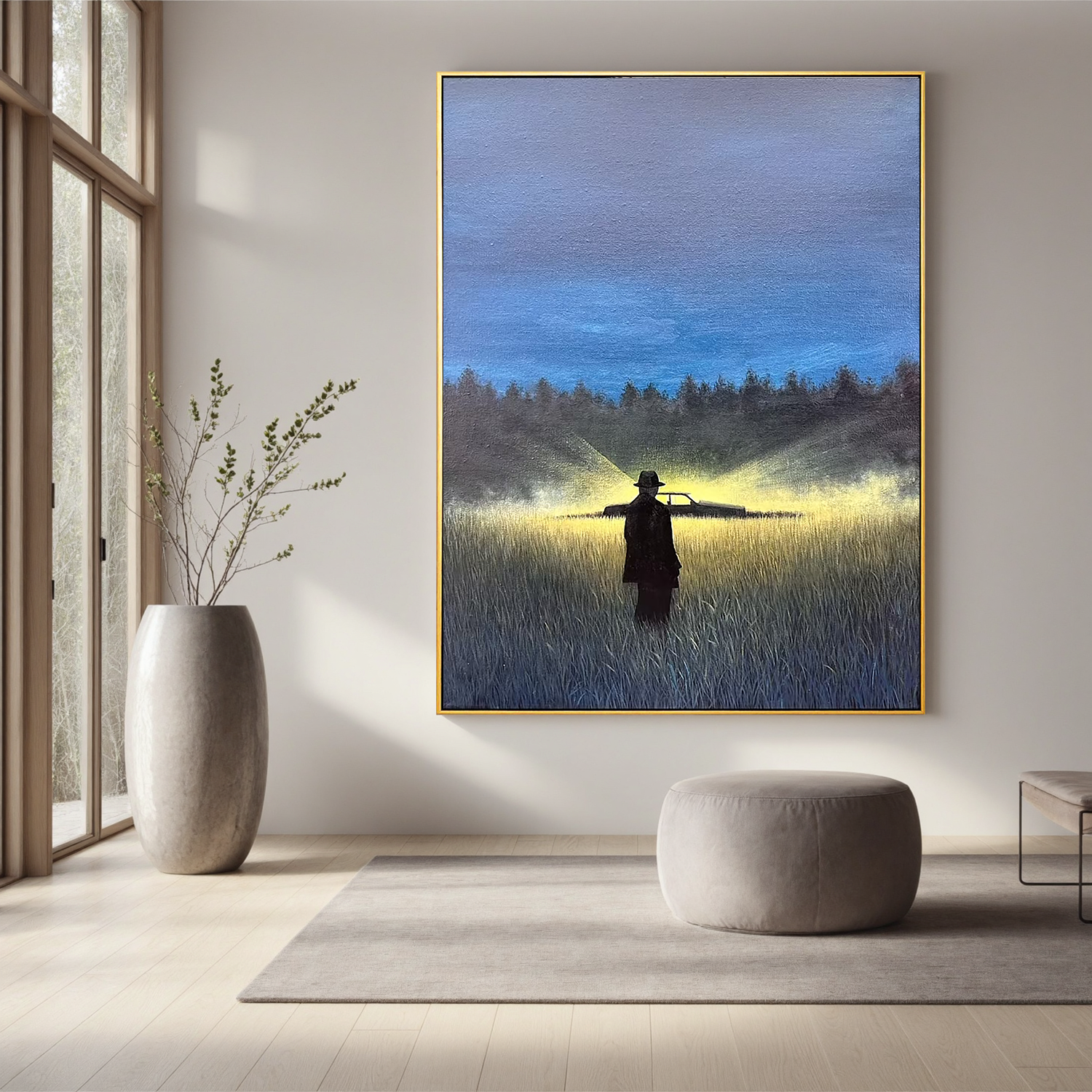 Mysterious Night Landscape Wall Art with Silhouette Figure and Car Headlights – Cinematic Canvas Painting for Modern Home Decor #OA 0796