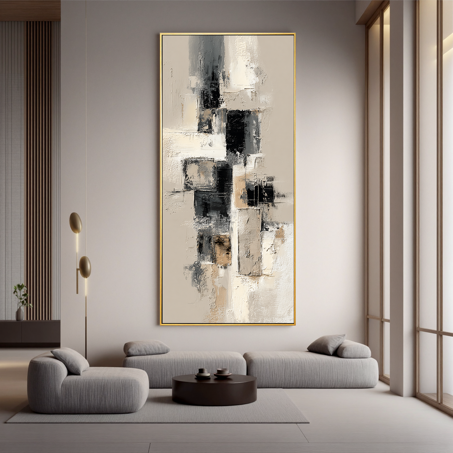 Vertical Black and White Abstract Canvas Wall Art – Textured Neutral Minimalist Painting for Modern Home Decor#OA 0877