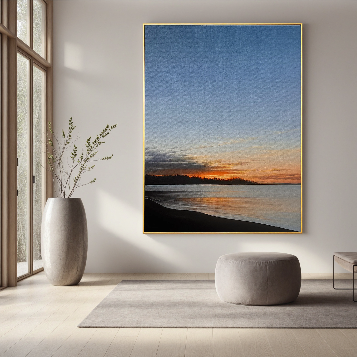 Serene Sunset Lake Wall Art, Peaceful Coastal Landscape Canvas with Golden Sky for Living Room Decor #OA 0753