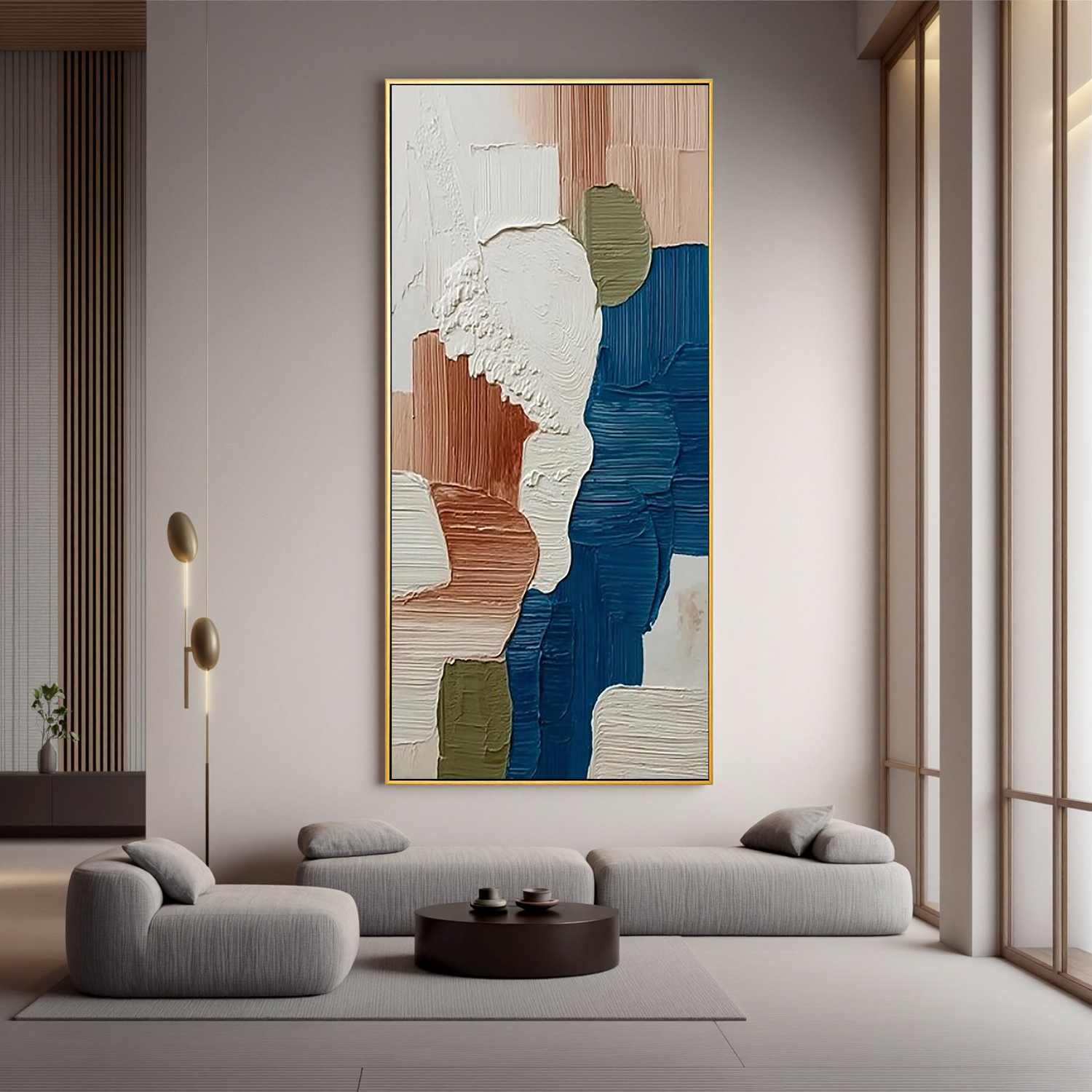 Large Textured Abstract Wall Art – Modern Neutral & Blue Palette Canvas Painting for Contemporary Living Room Decor