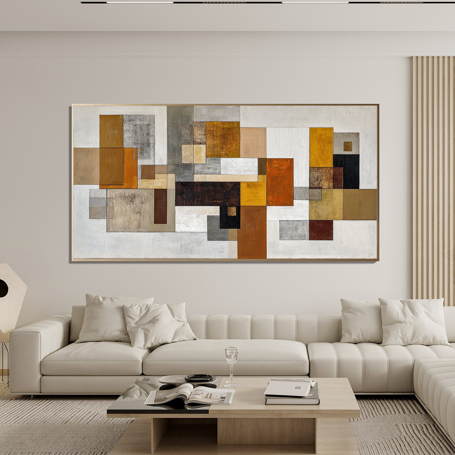 Mid Century Modern Geometric Abstract Canvas Wall Art – Large Horizontal Neutral Beige and Mustard Yellow Painting for Living Room Decor#OA 0866
