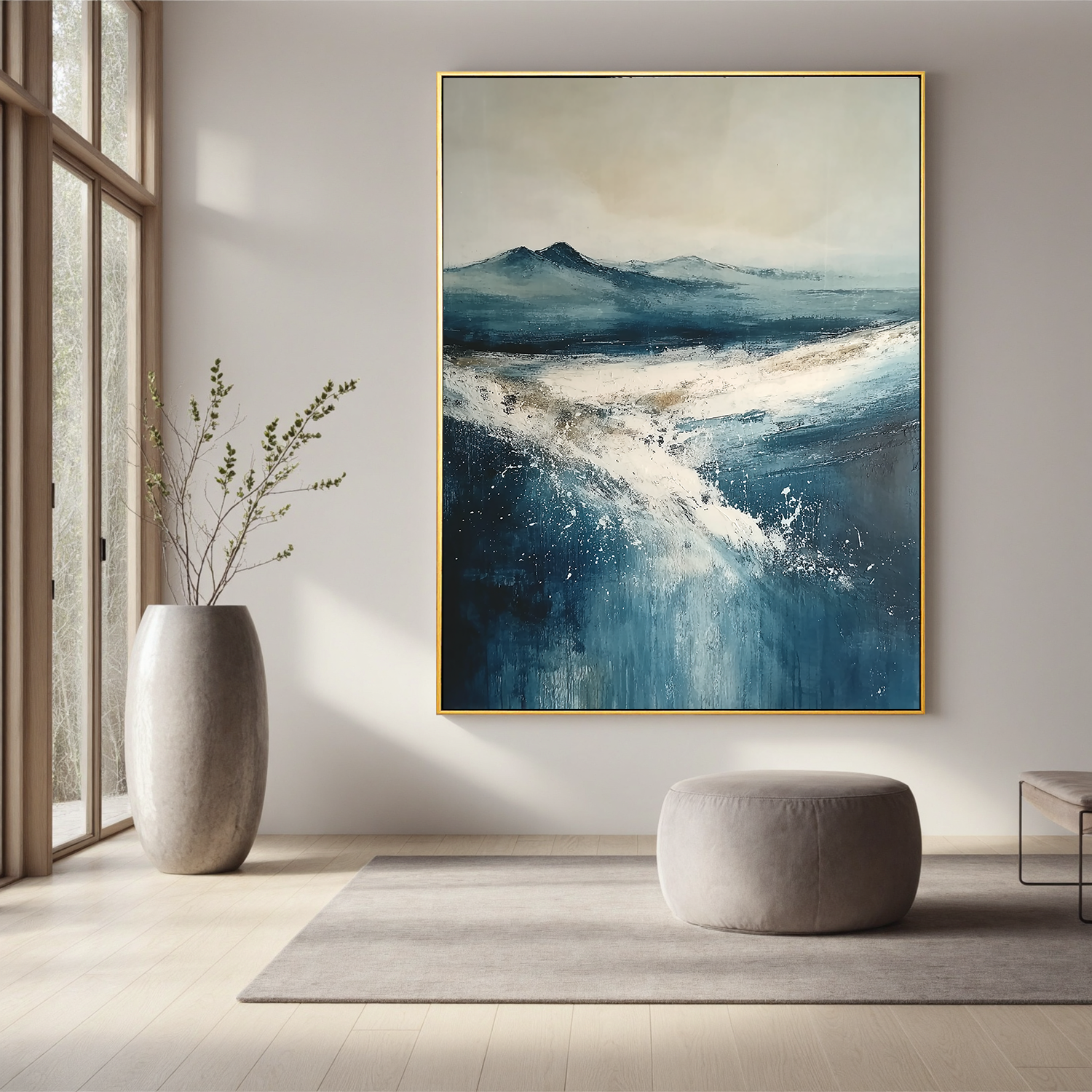 Blue Snowy Landscape Oil Painting, Abstract Coastal Mountain Wall Art for Living Room Decor #OA 0562
