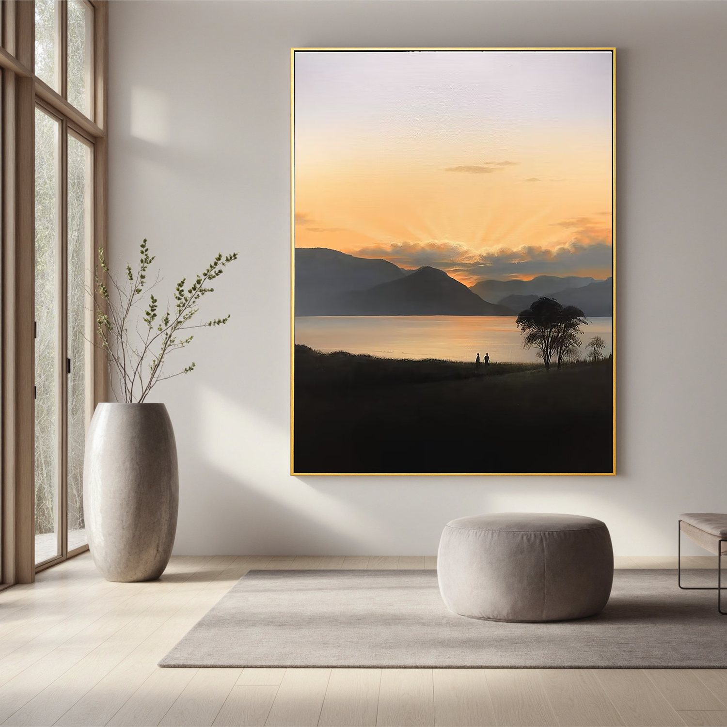 Golden Sunset Lake Landscape Wall Art – Serene Mountain Oil Painting Canvas for Modern Minimalist Home Decor #OA 0771