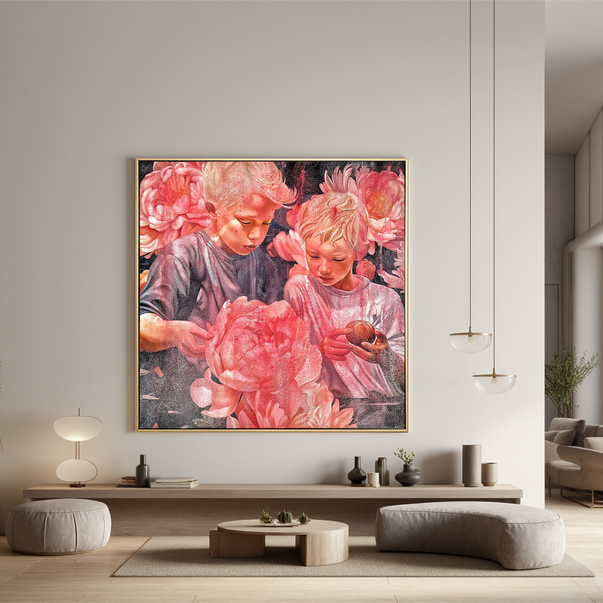 Emotional Children Portrait Oil Painting with Pink Peonies – Contemporary Figurative Floral Canvas Wall Art #OA 0819