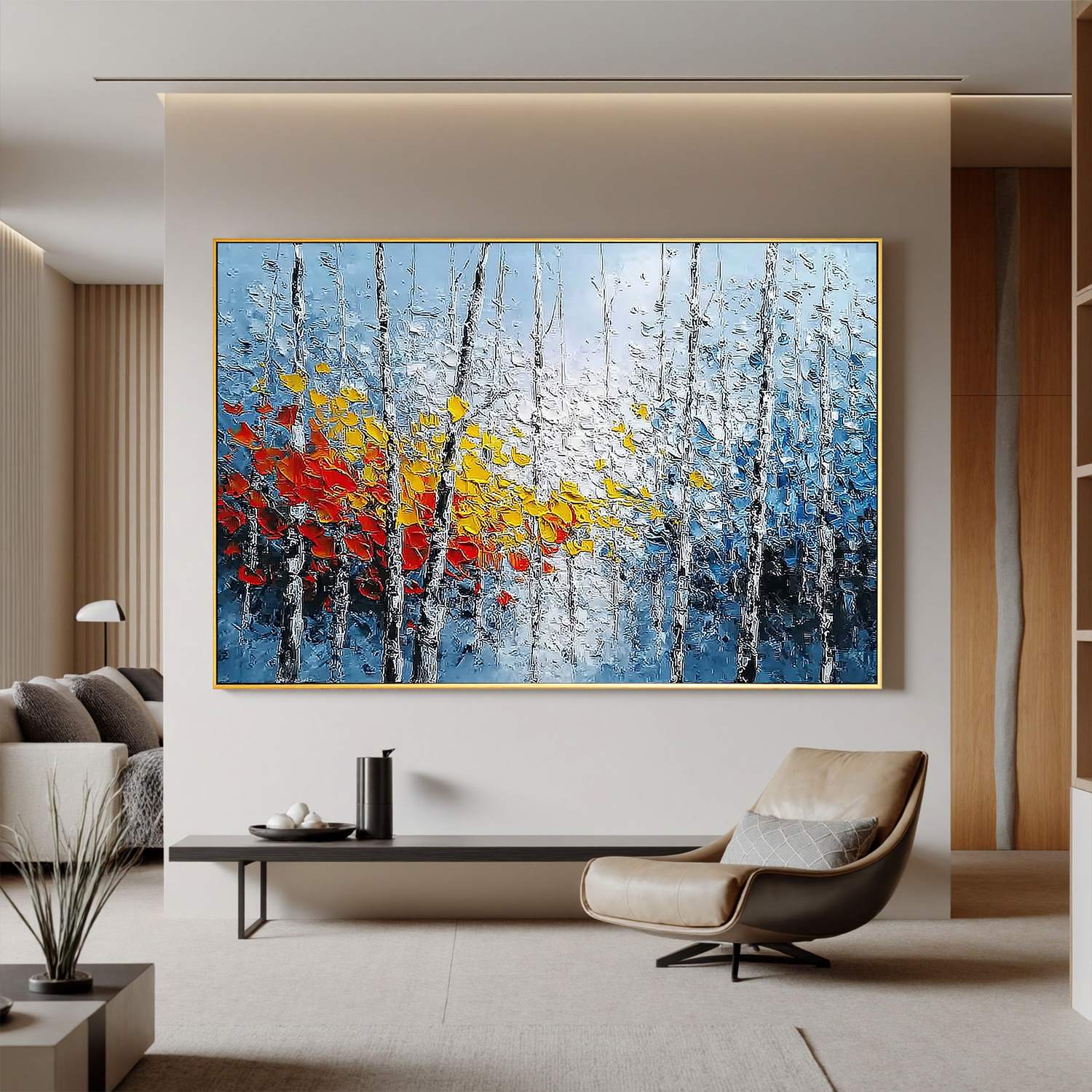 Blue Abstract Forest Wall Art, Colorful Textured Tree Canvas Painting for Living Room Décor #OA 0414