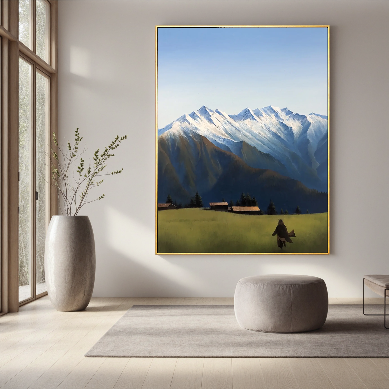 Snow-Capped Mountain Landscape Wall Art, Alpine Meadow with Cabins Canvas Painting for Living Room Decor #OA 0766