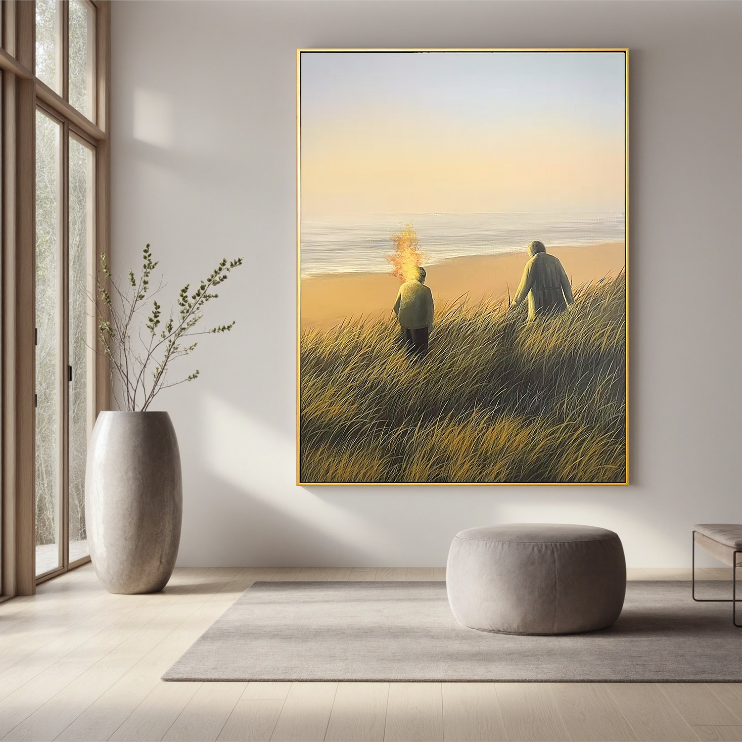 Serene Coastal Sunset Wall Art with Figures – Beach Landscape Canvas Painting for Living Room Decor #OA 0797
