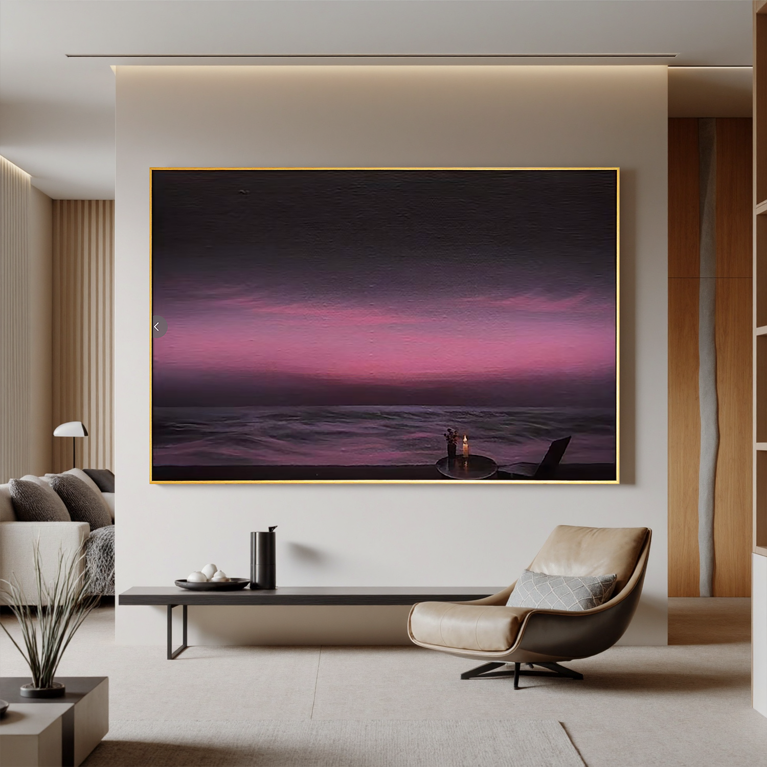 Romantic Purple Sunset Seascape Wall Art, Candlelit Ocean View Canvas Painting for Living Room Decor #OA 0732