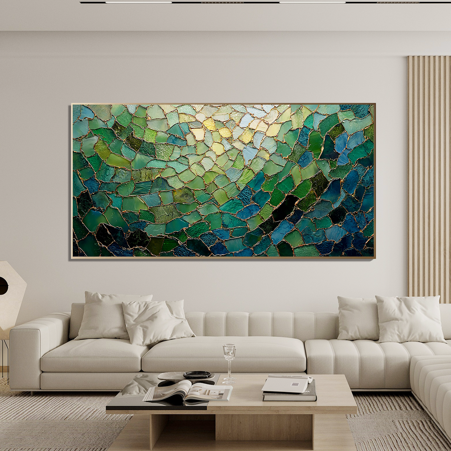 Green Abstract Mosaic Wall Art – Modern Emerald and Gold Textured Canvas Painting for Living Room Decor #OA 0818