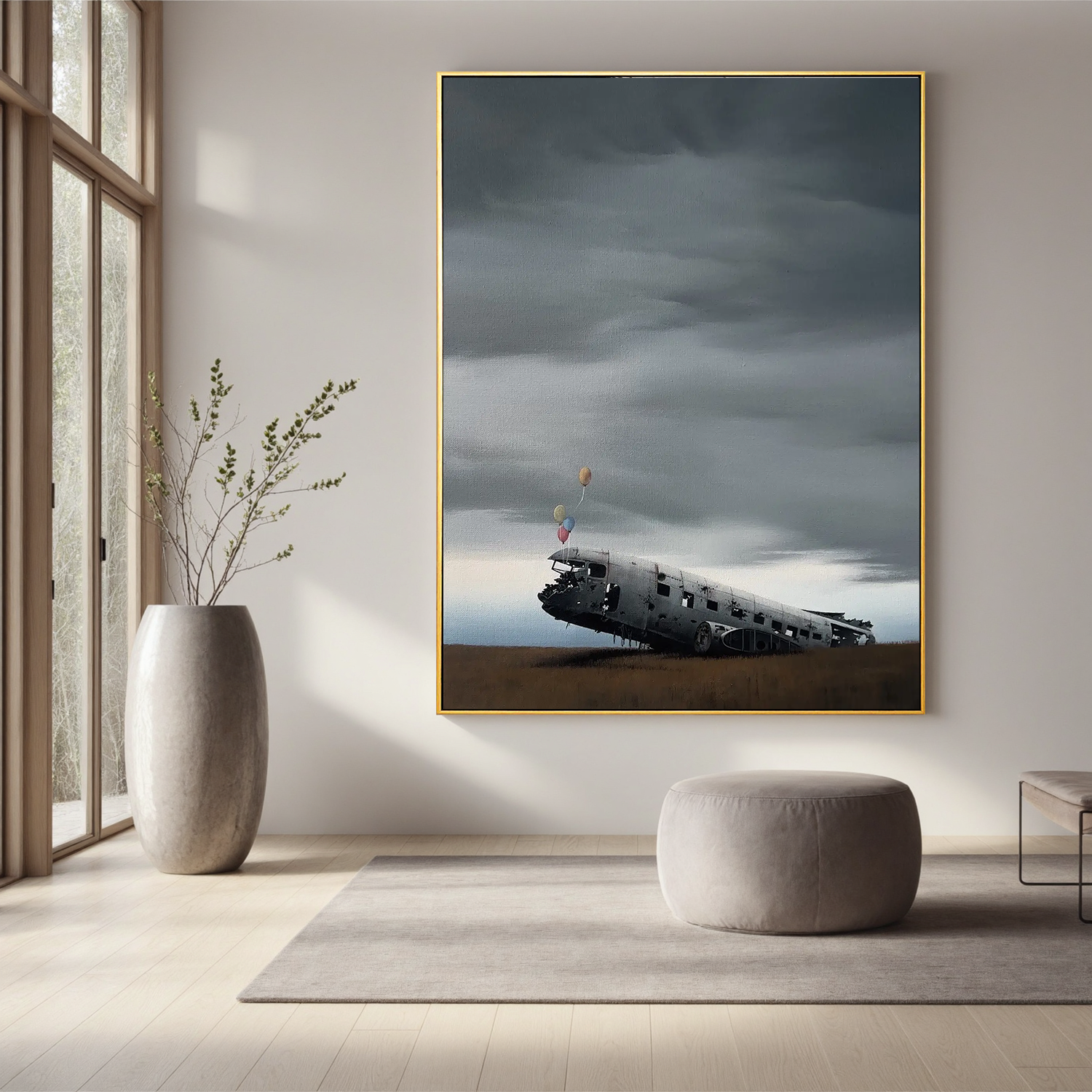 Surreal Airplane Wreck with Balloons Wall Art, Moody Landscape Canvas Painting for Modern Living Room Decor #OA 0761