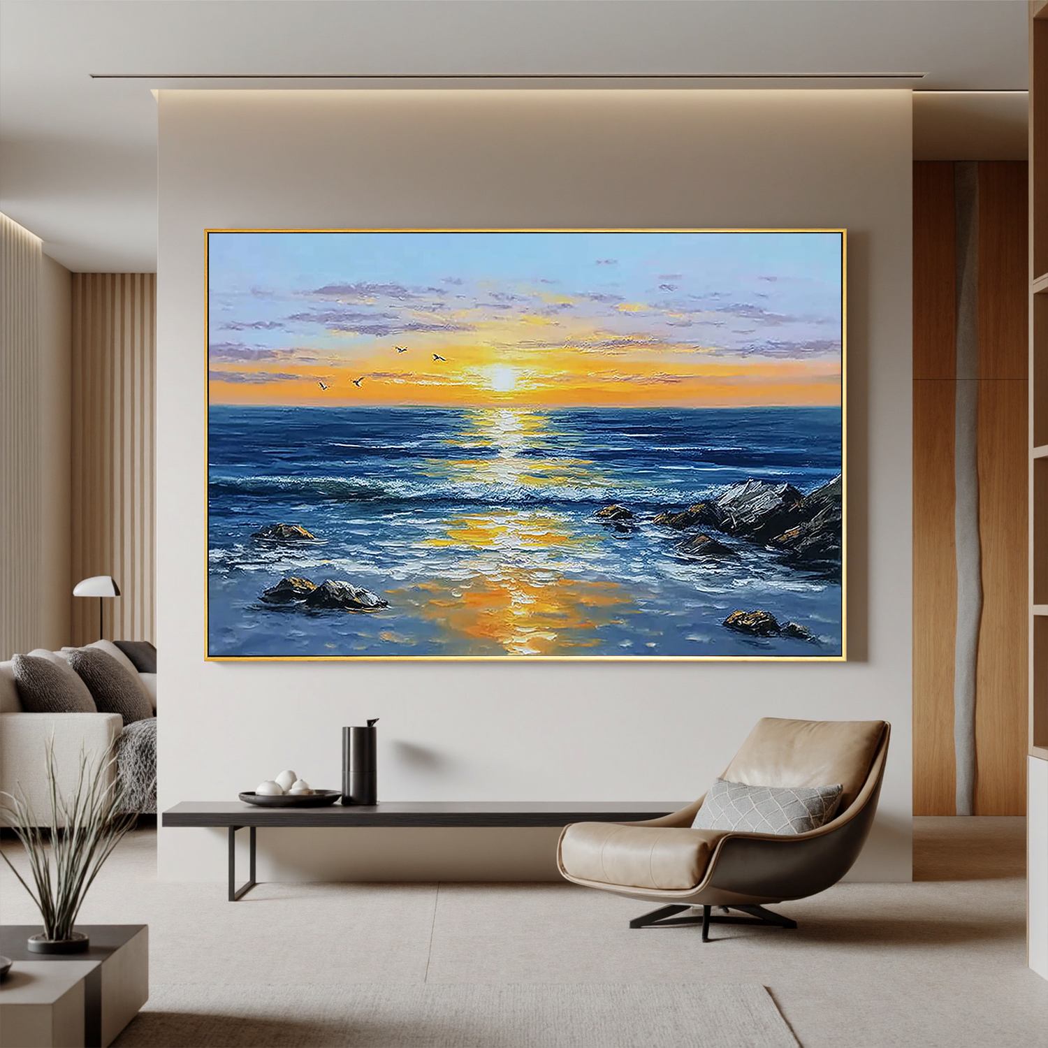 Ocean Sunset Wall Art, Blue Seascape Canvas Painting with Golden Reflection for Living Room Décor #OA 0404