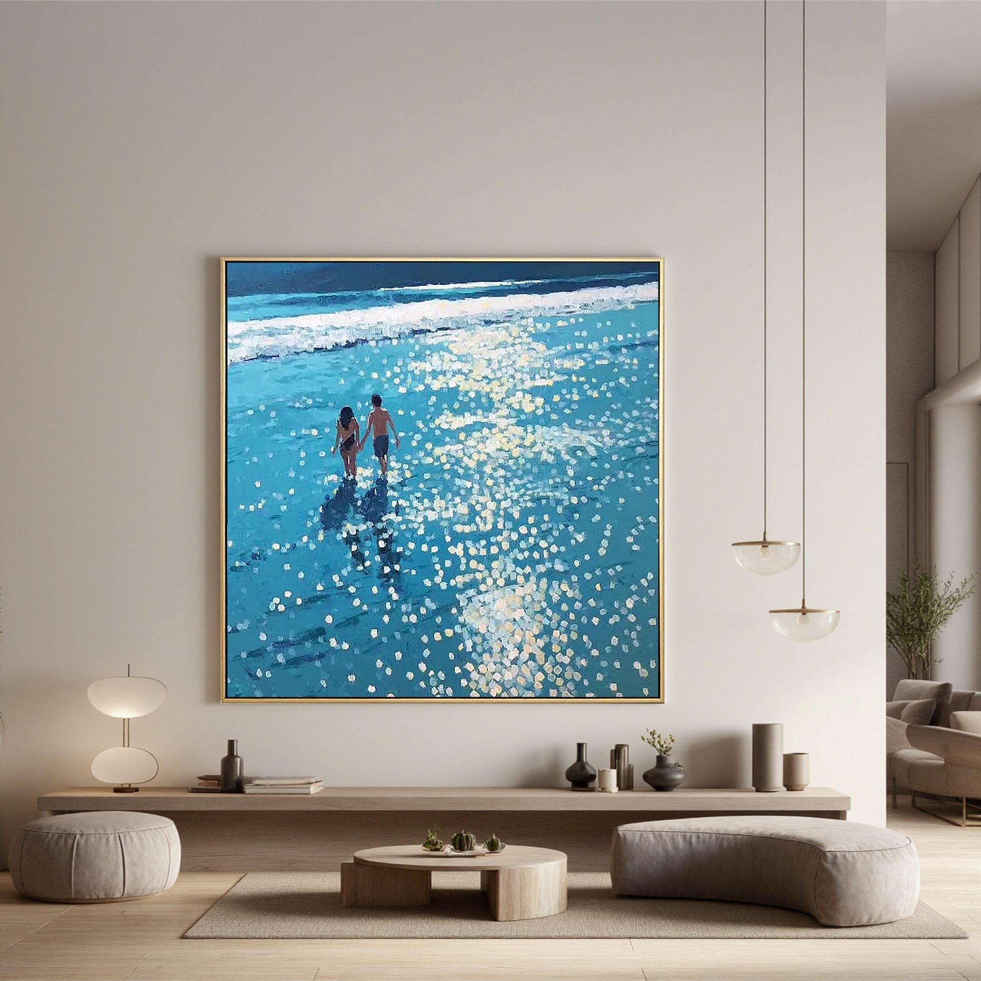 Romantic Beach Couple Wall Art, Blue Ocean Canvas Painting with Sunlight Reflection for Living Room Décor #OA 0423