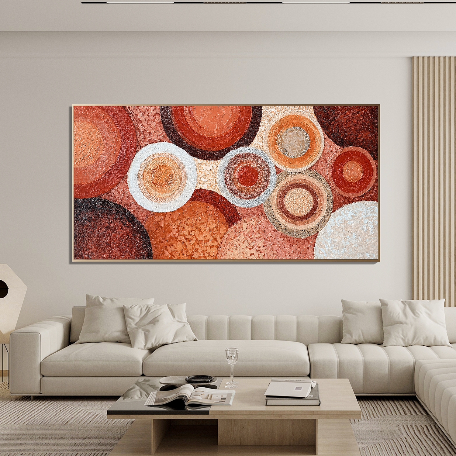 Large Abstract Circle Canvas Wall Art – Terracotta Boho Textured Painting for Modern Living Room Decor#OA 0838