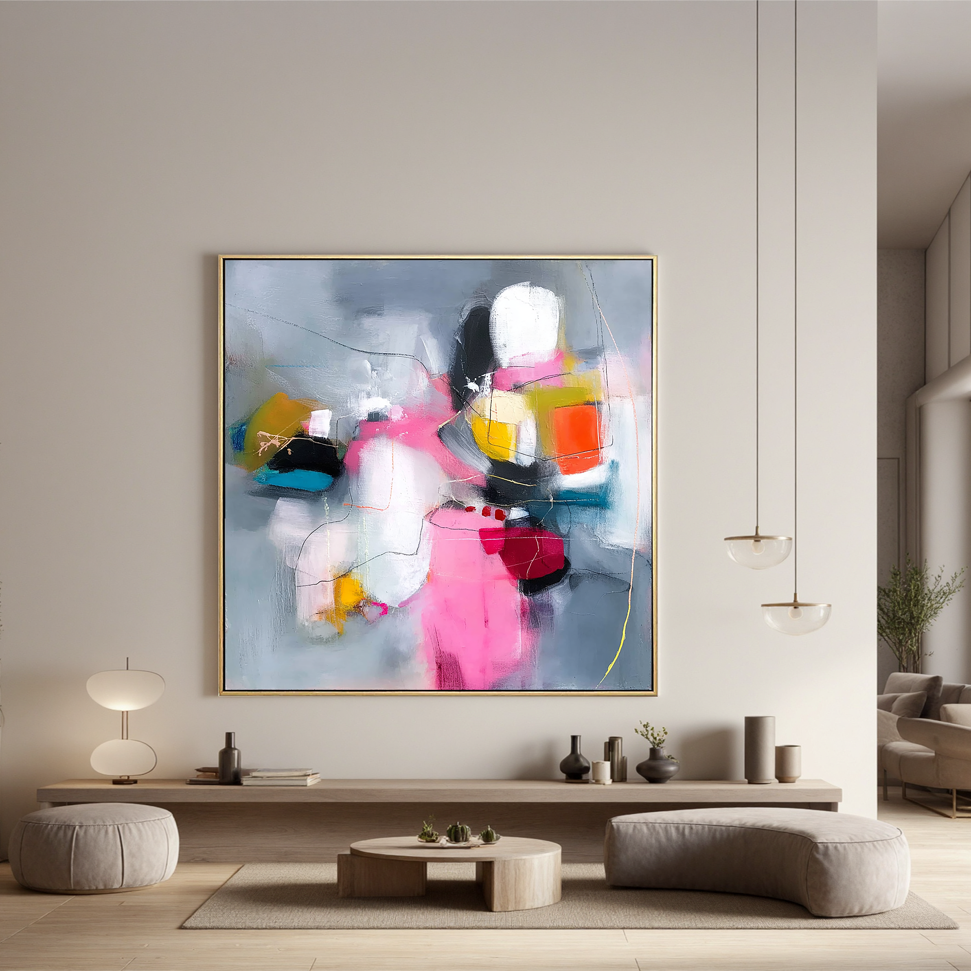 Abstract Soft Color Oil Painting Canvas – Modern Pink Gray Wall Art for Living Room Contemporary Home Decor#OA 0480