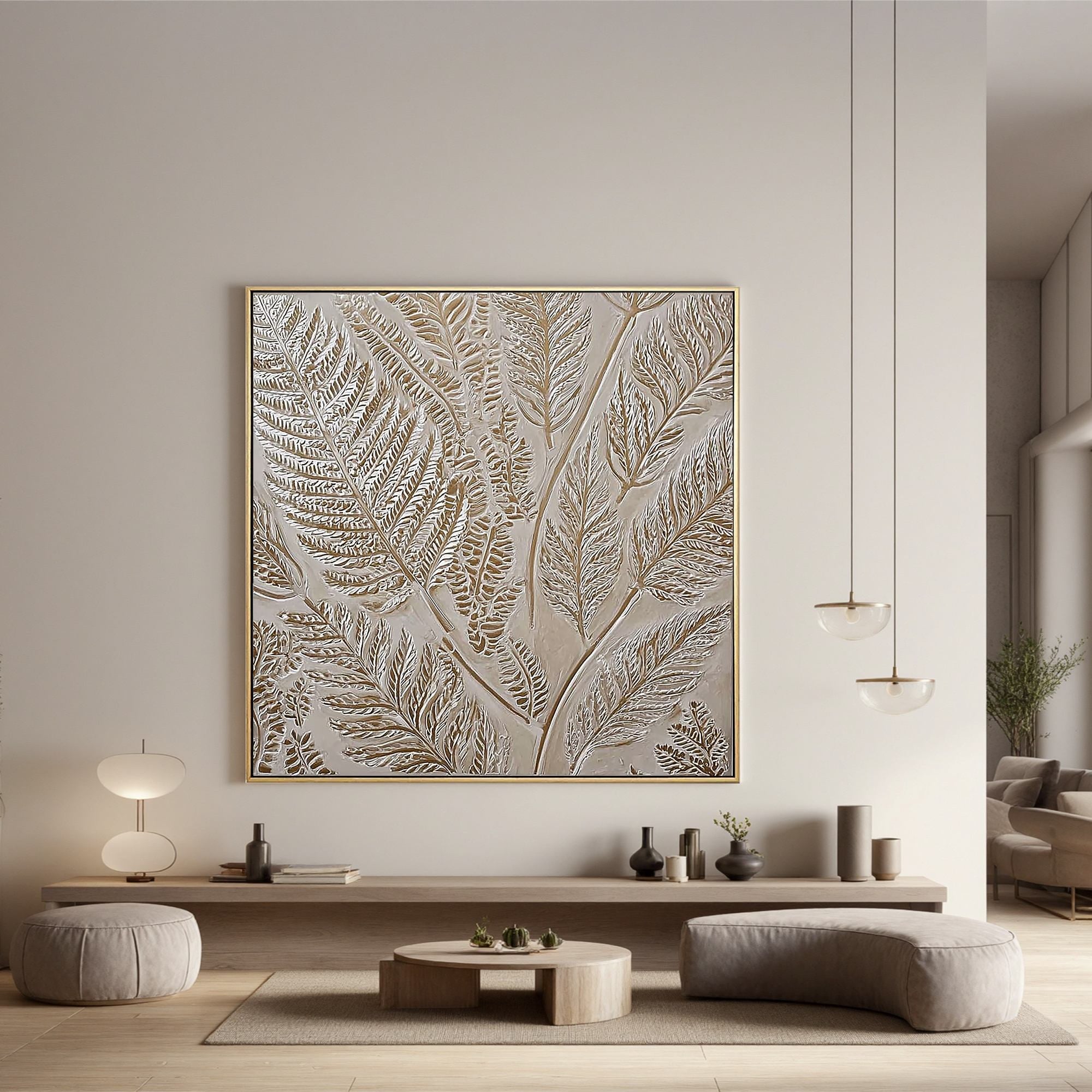 Neutral Botanical Textured Wall Art – Hand Painted Beige Fern Canvas Painting for Modern Minimalist Living Room Decor #OA 0433