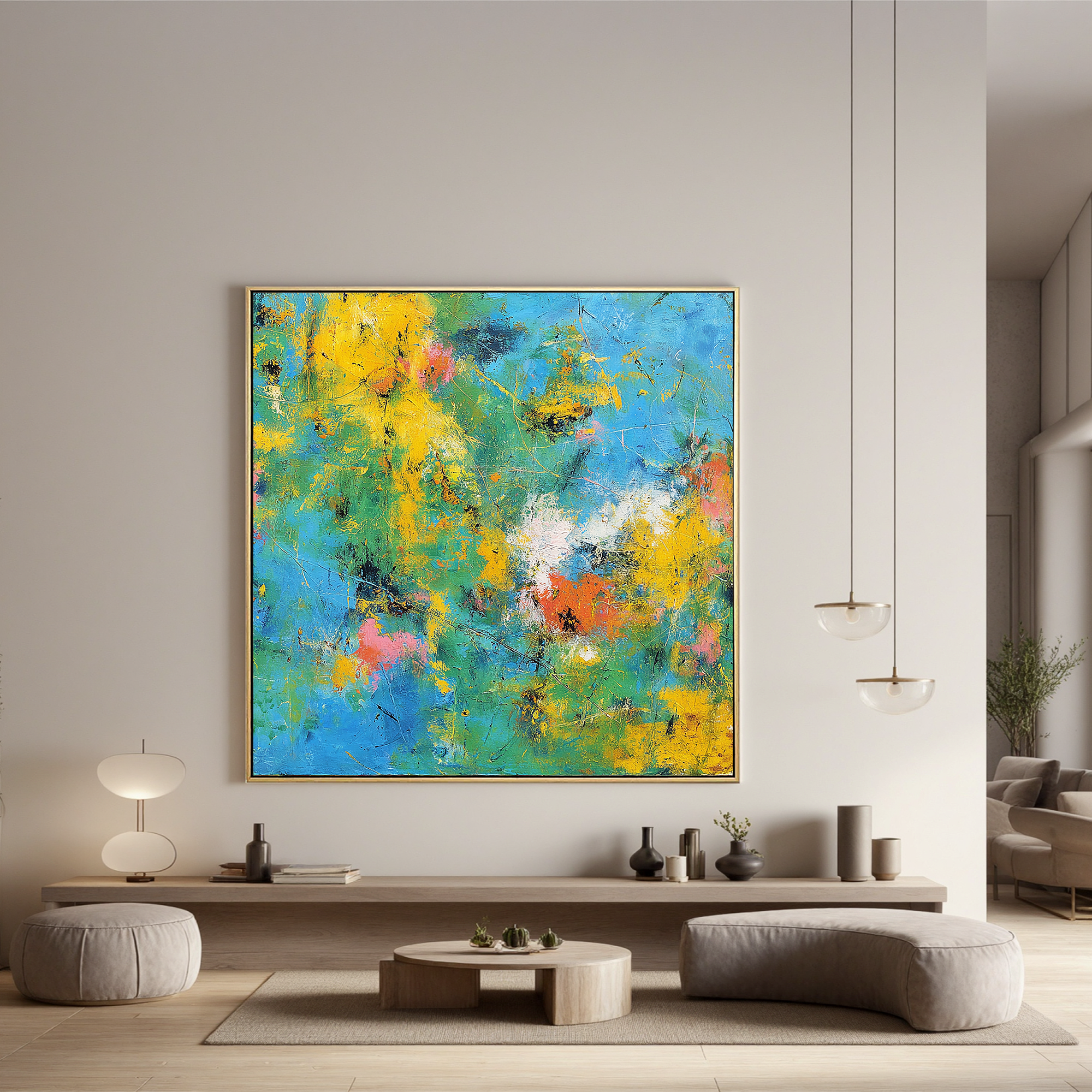 Abstract Colorful Oil Painting Canvas – Blue Green Yellow Modern Wall Art for Living Room Contemporary Home Decor#OA 0491