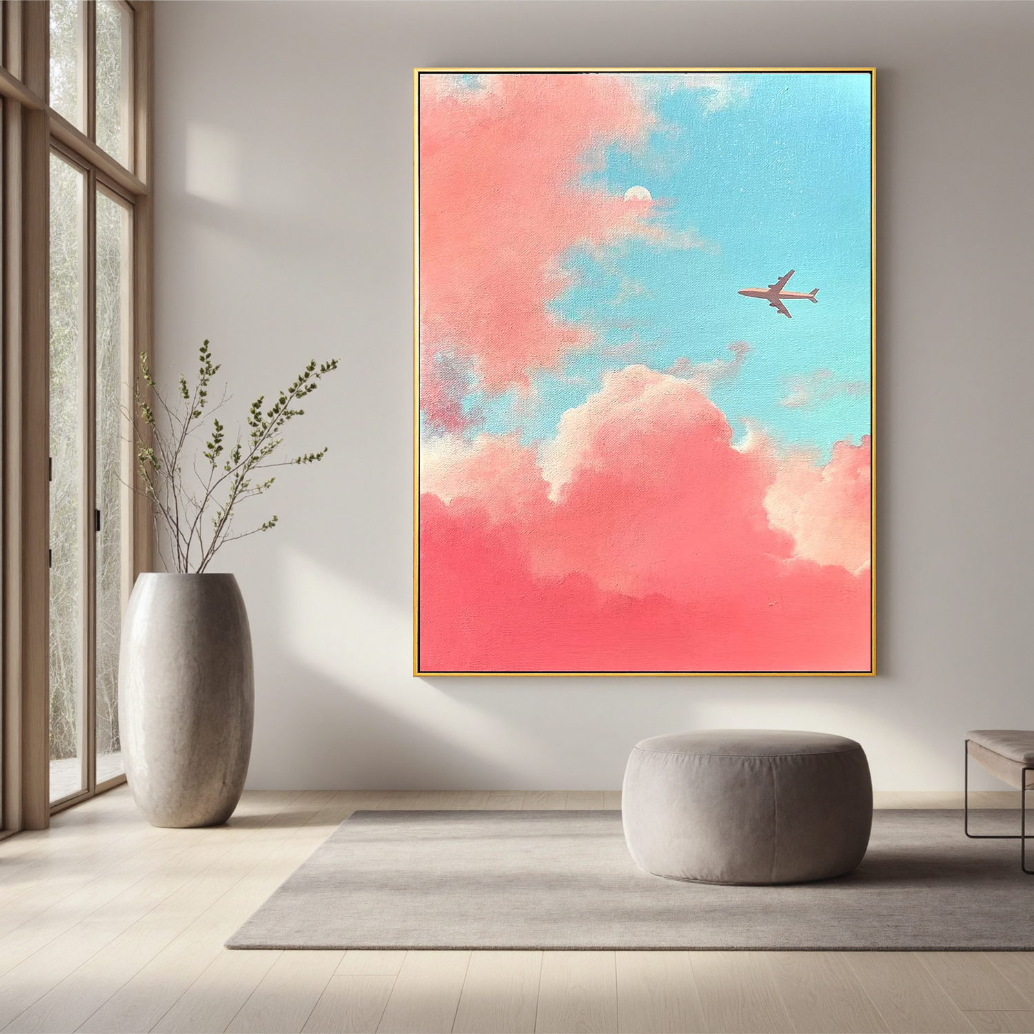 Dreamy Pink and Blue Sky Wall Art with Airplane – Pastel Cloud Canvas Painting for Modern Home Decor #OA 0798