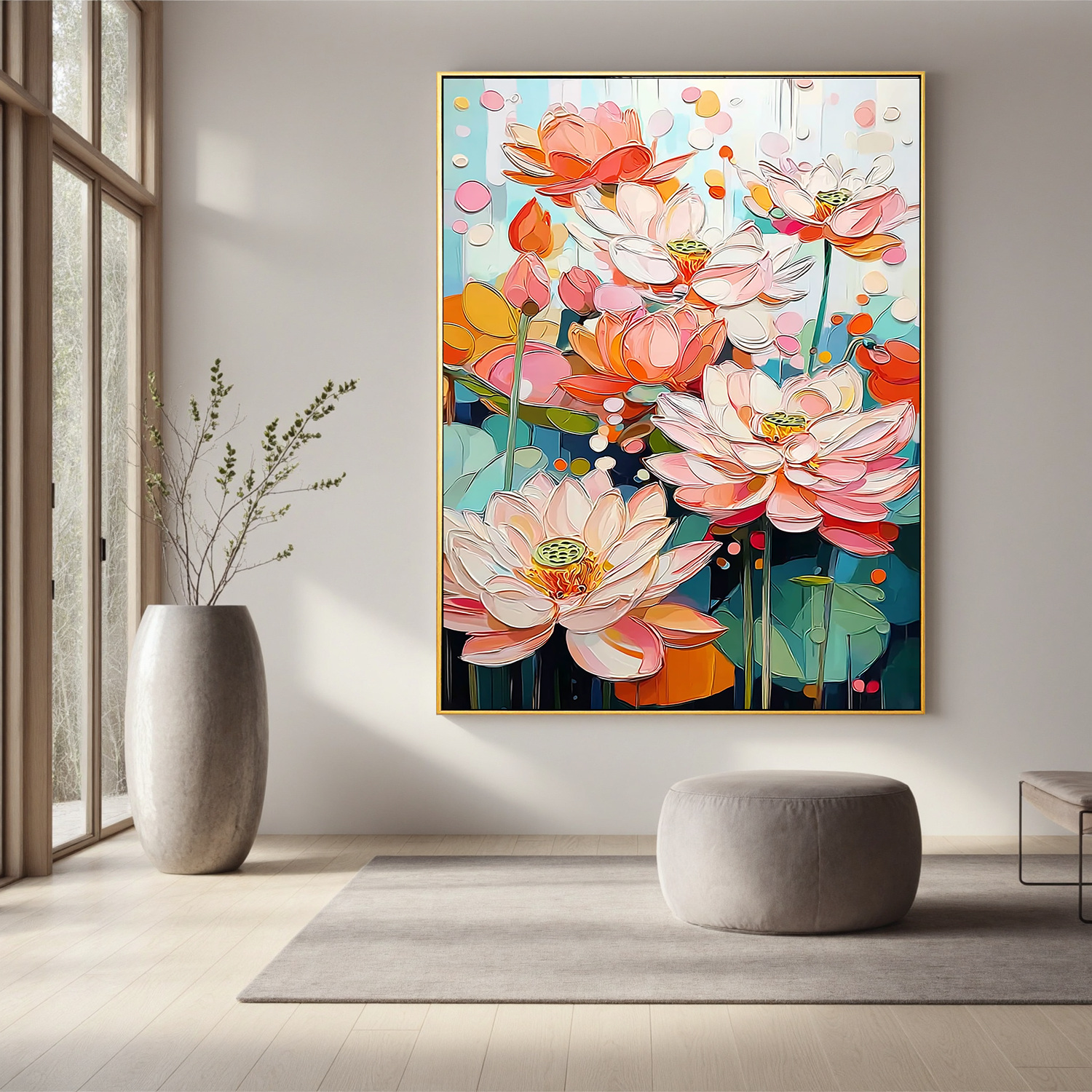 Colorful Lotus Flower Oil Painting, Pink Floral Wall Art for Living Room Decor #OA 0538