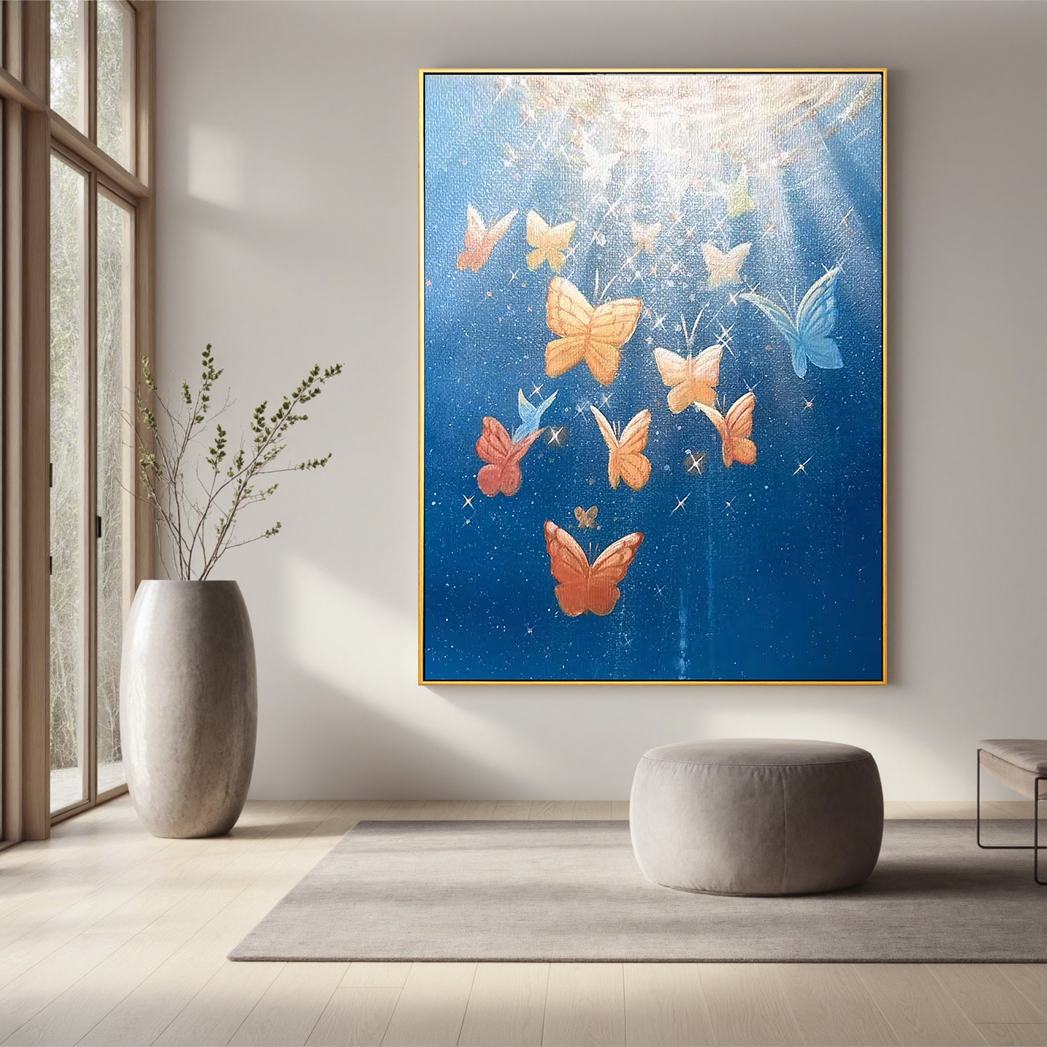 Dreamy Butterfly Wall Art, Celestial Blue Sky Canvas Painting with Light Rays, Whimsical Nature Decor for Living Room or Bedroom #OA 0787
