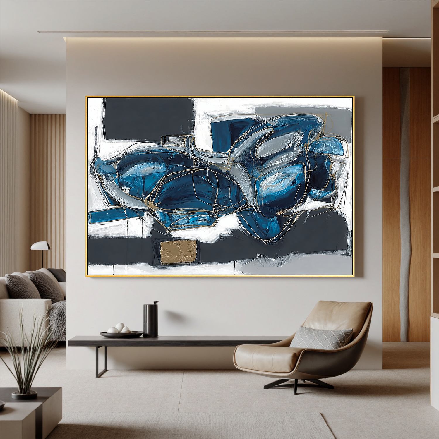 Blue Abstract Wall Art, Modern Black White and Gold Line Canvas Painting for Living Room Décor #OA 0418