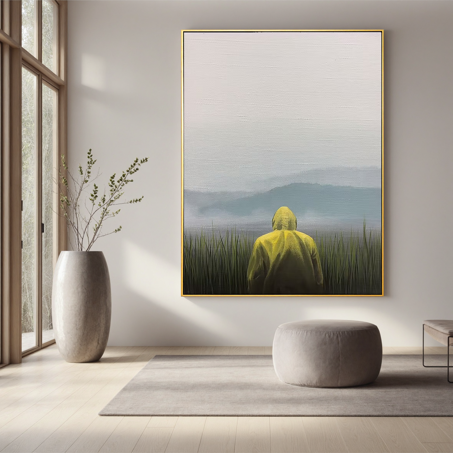Misty Lake Landscape Wall Art with Yellow Raincoat Figure – Minimalist Nature Canvas for Living Room Decor #OA 0807