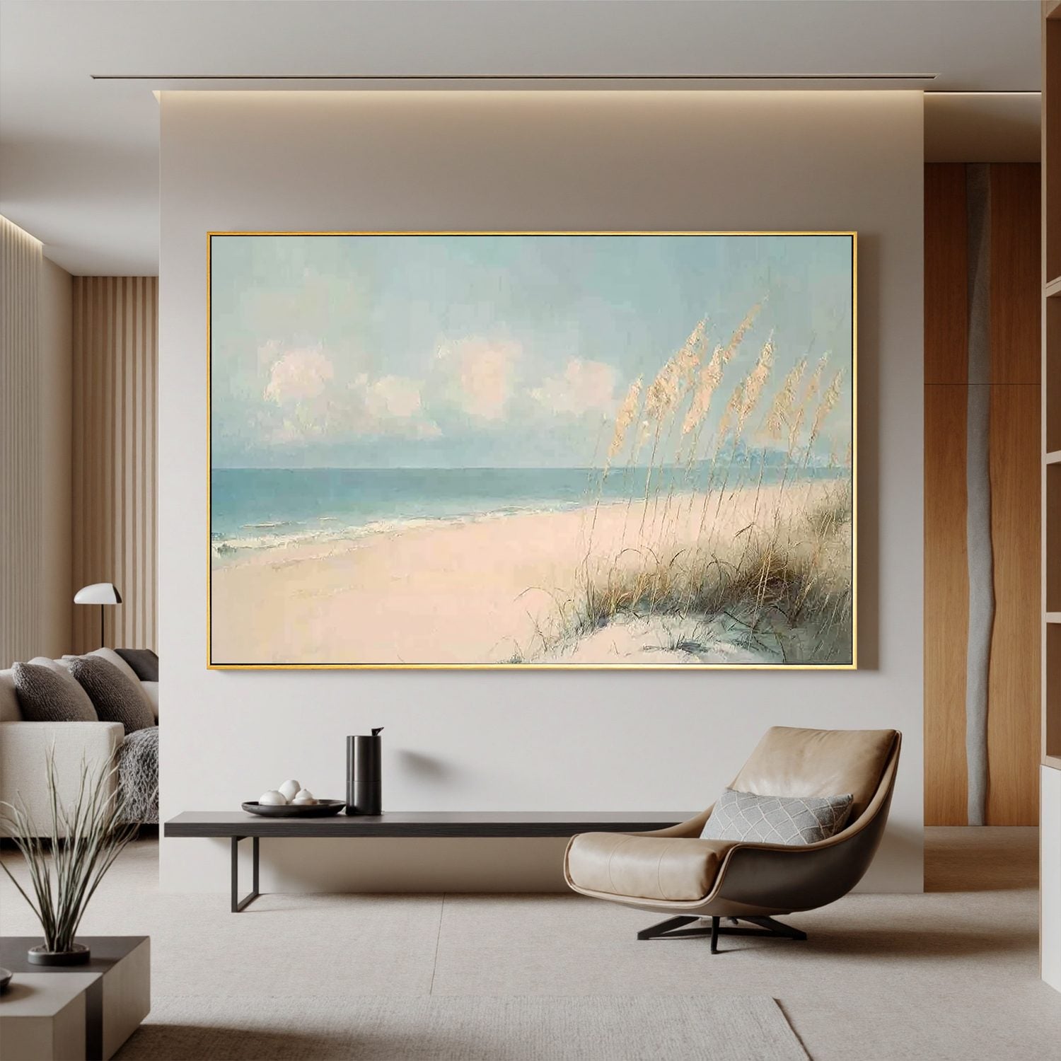 Soft Coastal Beach Wall Art, Serene Ocean Seascape Canvas Painting for Living Room Décor #OA 0419